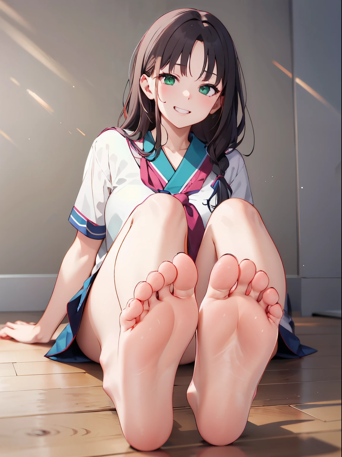 (masterpiece:1.2, highest quality), (real picture, intricate details), 1 female, alone, sitting, show your legs, feetを見せる, showing Boot sole, long hair, minimal makeup, Natural materials, close up of face, grin, mischievous face, Barefoot, カメラにfeetを向ける, bangs, Korean bangs, bangs on forehead, green eyes,big breasts, big , mature body, mature face, detailed face, correct feet anatomy, feetの解剖学, sexy feet, feetが視聴者を指している, feet, Boot sole, 詳細なfeet, correct feet anatomy, Boot sole, sitting