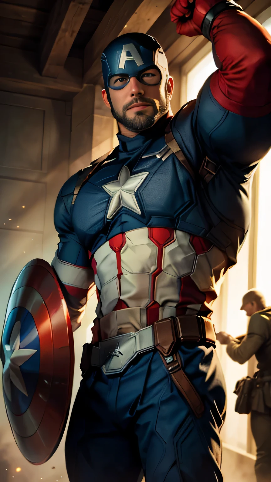 An award-winning original photo,A wild muscular man, (30 years old daddy:1.3), 1boy, Solo, (wearing a blue and red (captain america) costume), (big shoulderusculature, Short beard, mask) (Detailed face:1.3), (beautiful eyes:1.2), holding 1 circular star shield, Dynamic Angle, volumetric lighting, (Best quality, A high resolution, Photorealistic), Cinematic lighting, Masterpiece, RAW photo, Intricate details, hdr, depth of field, upper body