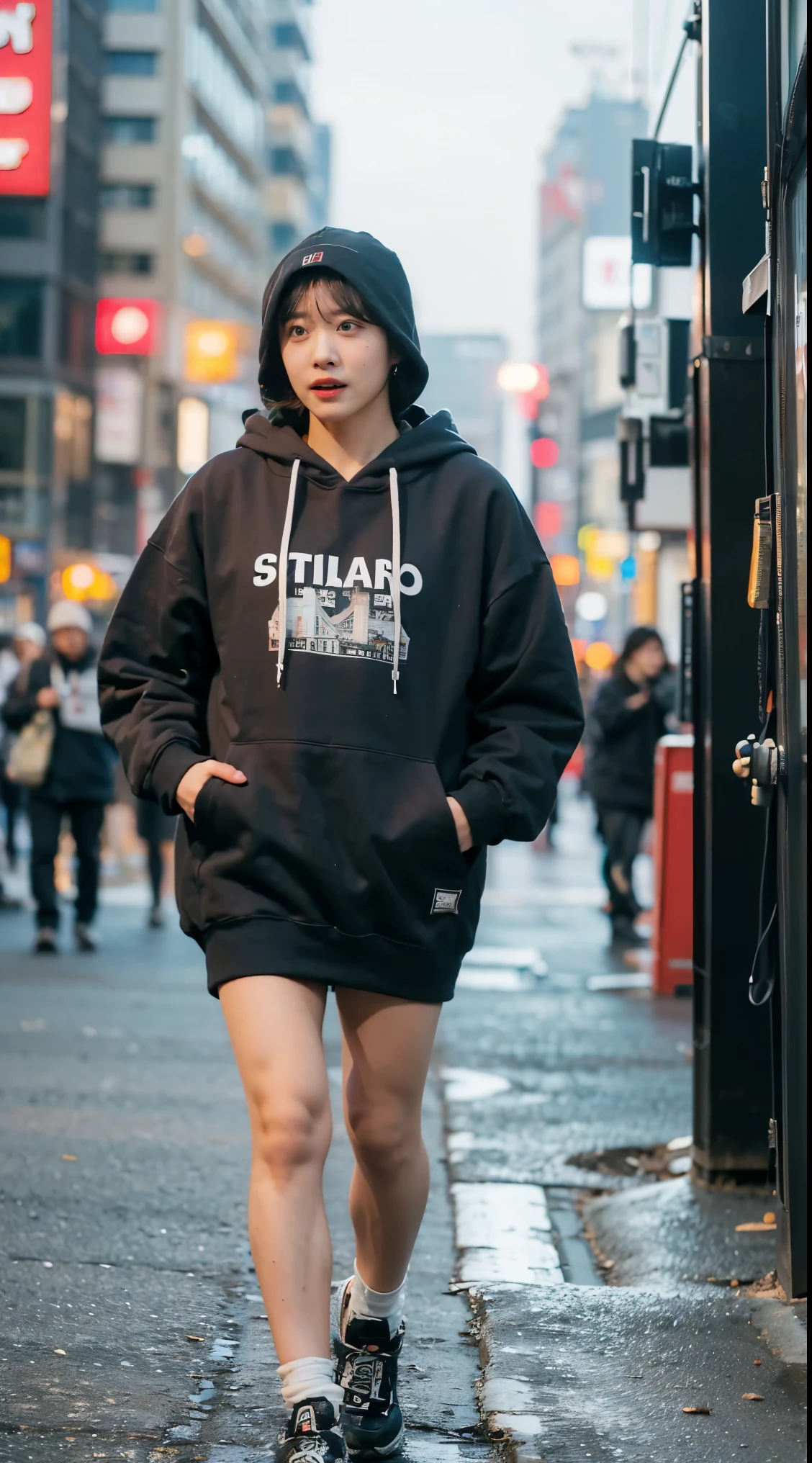 (8K、Raw photo、highest quality、masterpiece:1.3)、(realistic、Photoreal)、(very big breasts:1.2)、perfect limbs、outdoor、(Shibuya cityscape:1.4)、night、Mid-winter clothing、Scarf、Fashionable、Clothes suitable for the city、(hoodie:1.3)