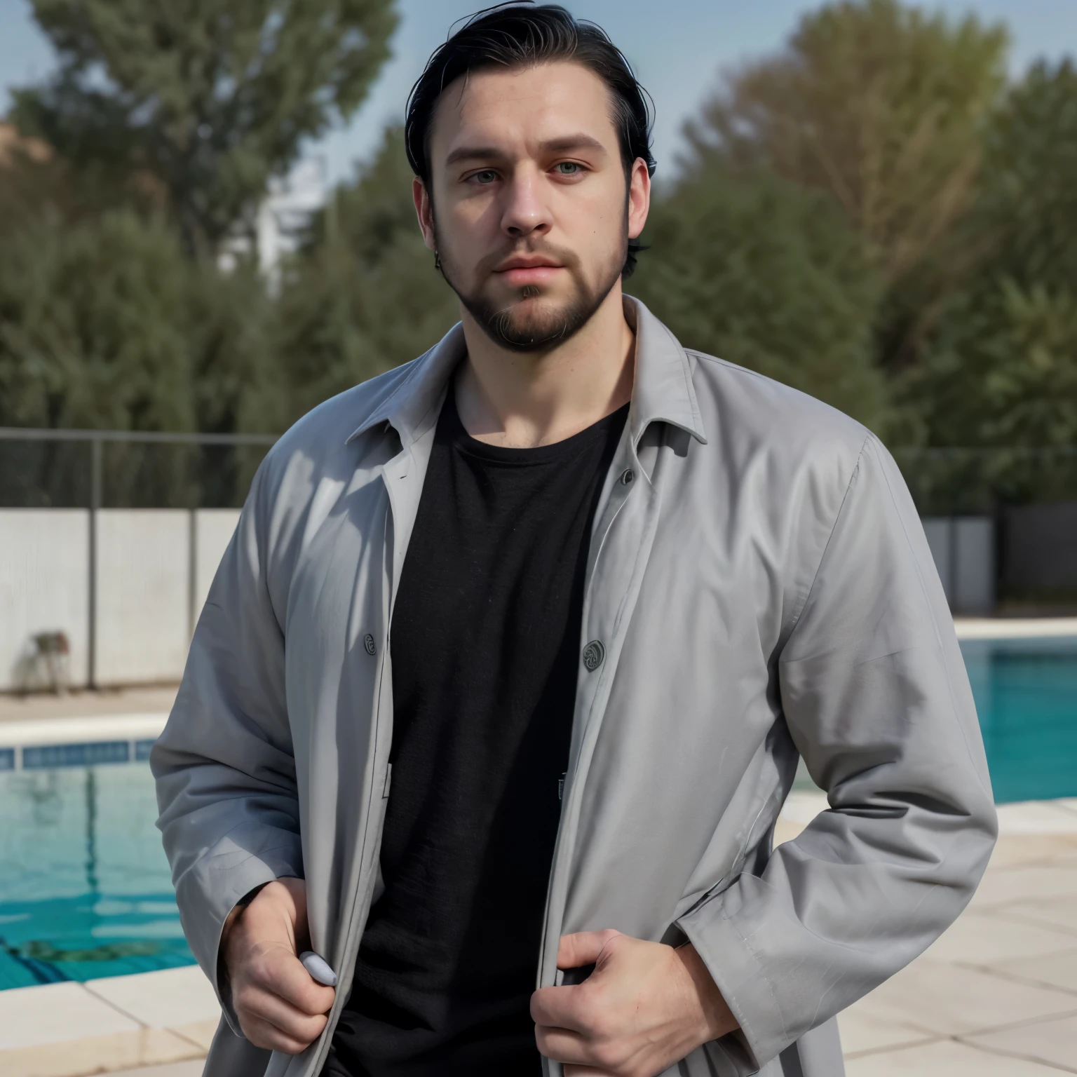 White man, with straight black hair, green eyes, a gray coat and shirt, thin lips (ultra HD) realistic background near a swimming pool, front position with hands in pockets, make the entire body Muscular body, short chin, big lips, short beard, square face