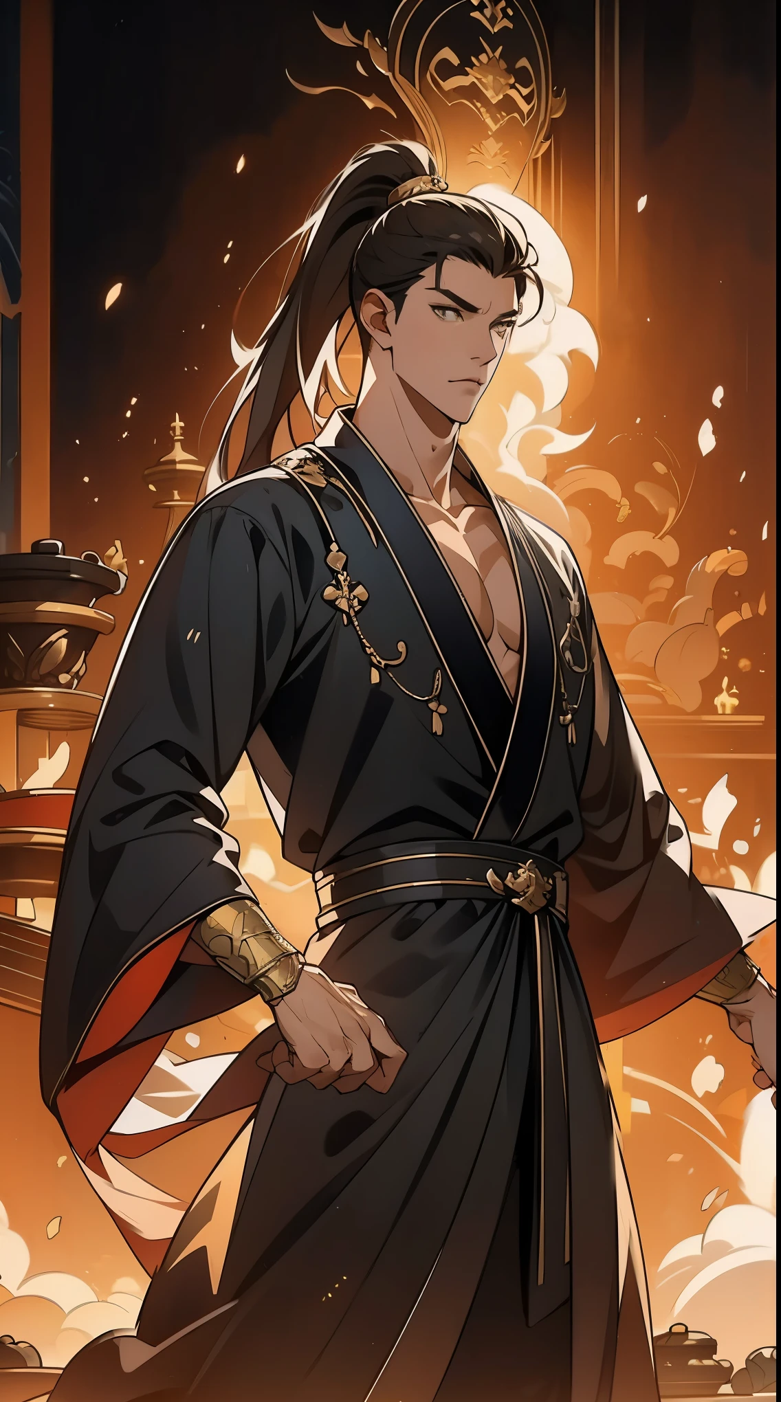 two-dimensional,anime style,one person(male warrior),Correct proportions,facial details,swordsman,High ponytail hairstyle,neck details,There is an Adam'apple,black and gold robe,joke,black and gold robe,clothing details,surrender,long sleeve,Game quality,fencing,Ray tracing,Ray tracing,Delicate glow,CG rendering,Hair details,long black and blonde hair,Black-gold eyes,Handsome,Handsome,(feeling of youth),Costumes are complicated,perfect composition,refine,high quality,More details,complex background,a sense of atmosphere,
