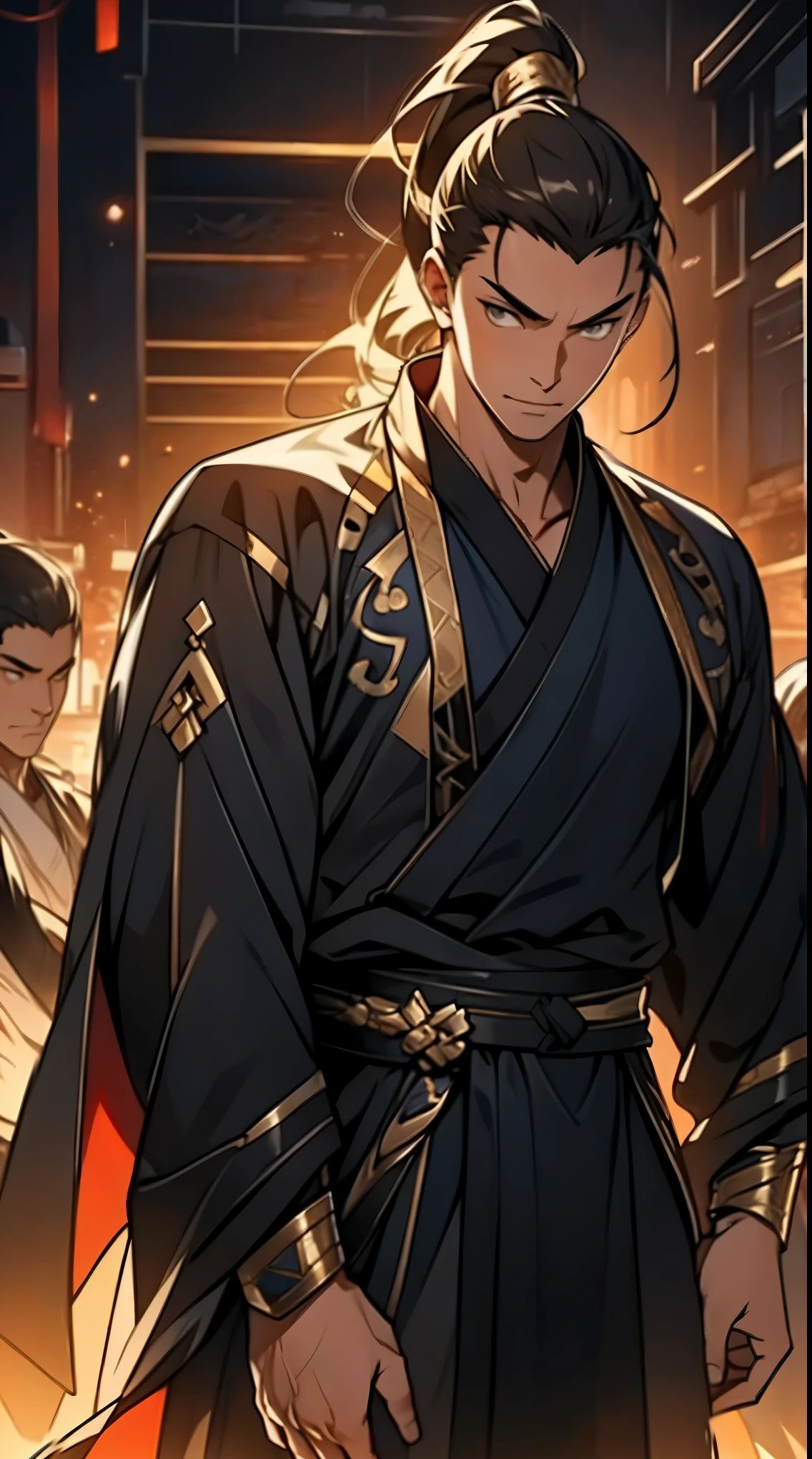 two-dimensional,anime style,one person(male warrior),Correct proportions,facial details,swordsman,High ponytail hairstyle,neck details,There is an Adam'apple,black and gold robe,joke,black and gold robe,clothing details,transfer,long sleeve,Game quality,fencing,Ray tracing,Ray tracing,Delicate glow,CG rendering,Hair details,long black and blonde hair,Black-gold eyes,Handsome,Handsome,(feeling of youth),Costumes are complicated,perfect composition,refine,high quality,More details,complex background,a sense of atmosphere,