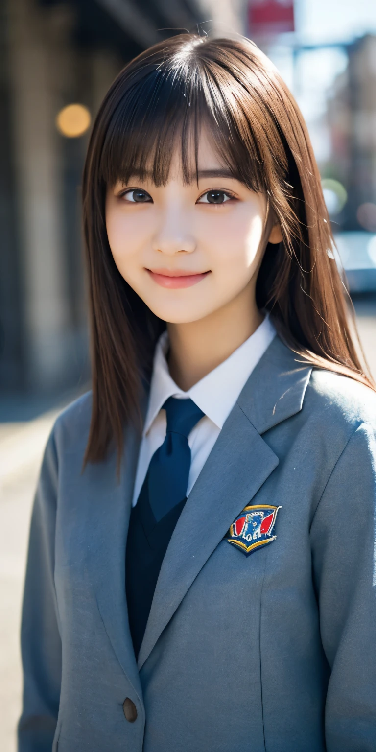 1 girl, (Please wear a high school blazer uniform:1.2), (13 years old:1.5), （Original　Cai Naihua）, young face, cute face, (Raw photo, highest quality), (realistic, Photoreal:1.4), pieces fly, sharp focus, very delicate and beautiful, very detailed, 2k wallpaper, wonderful, finely, very detailed CG Unity 8K 壁紙, Super detailed, High resolution, soft light, beautiful detailed girl, very detailed目と顔, beautifully detailed nose, beautiful and detailed eyes, Break Spring Street Corner, cinematic lighting, perfect anatomy, slender body, straight long, long hair, parted bangs, innocent smile, （looking at the viewer）,