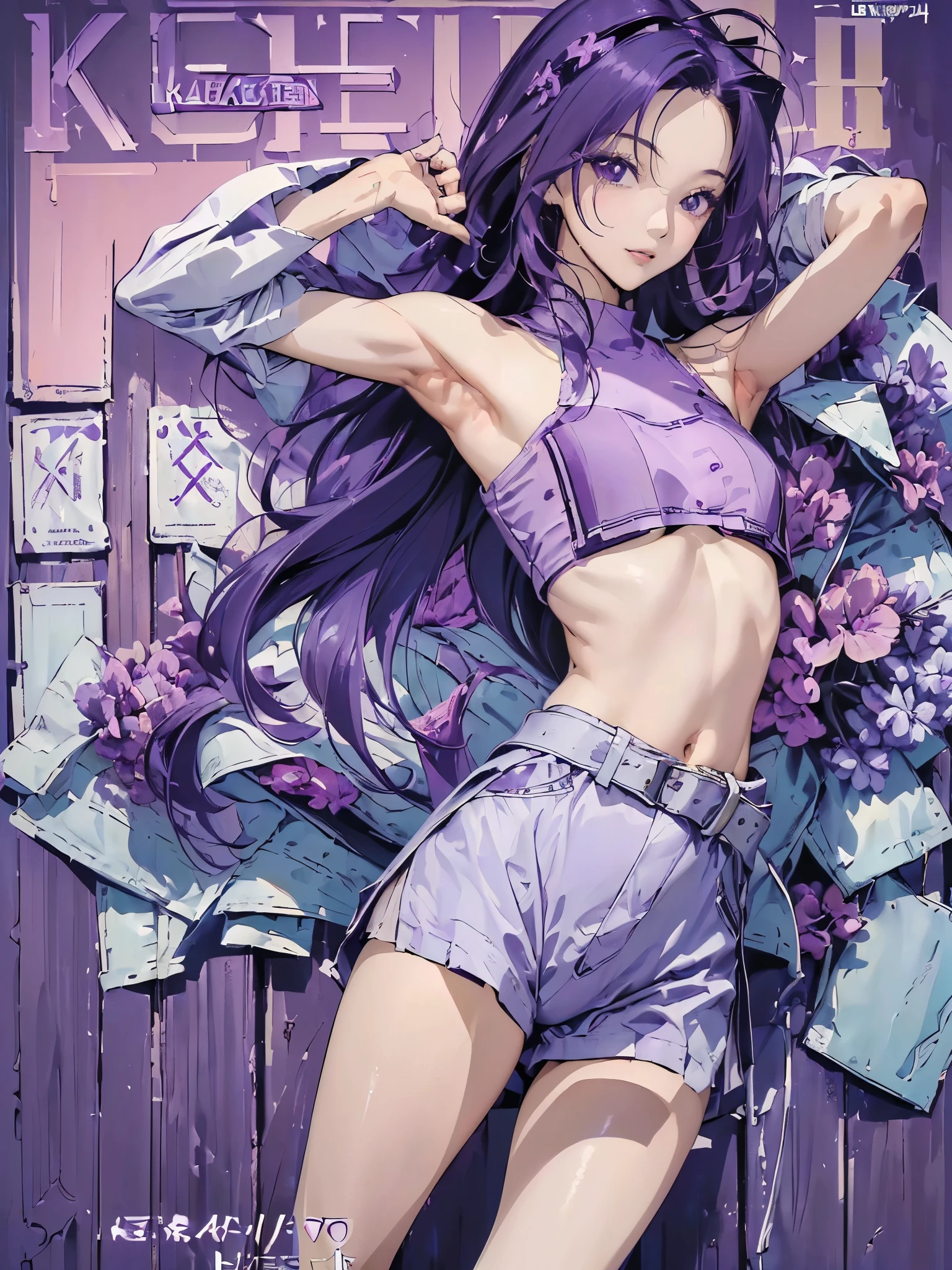 ((( Masterpiece ))) ((( background : cover of a magazine ))) ((( character : Kazuha : long dark purple smooth hair : forehead : fit body : : happy : small breast : K-pop model outfit : armpit: standing :sexy modelling pose)))