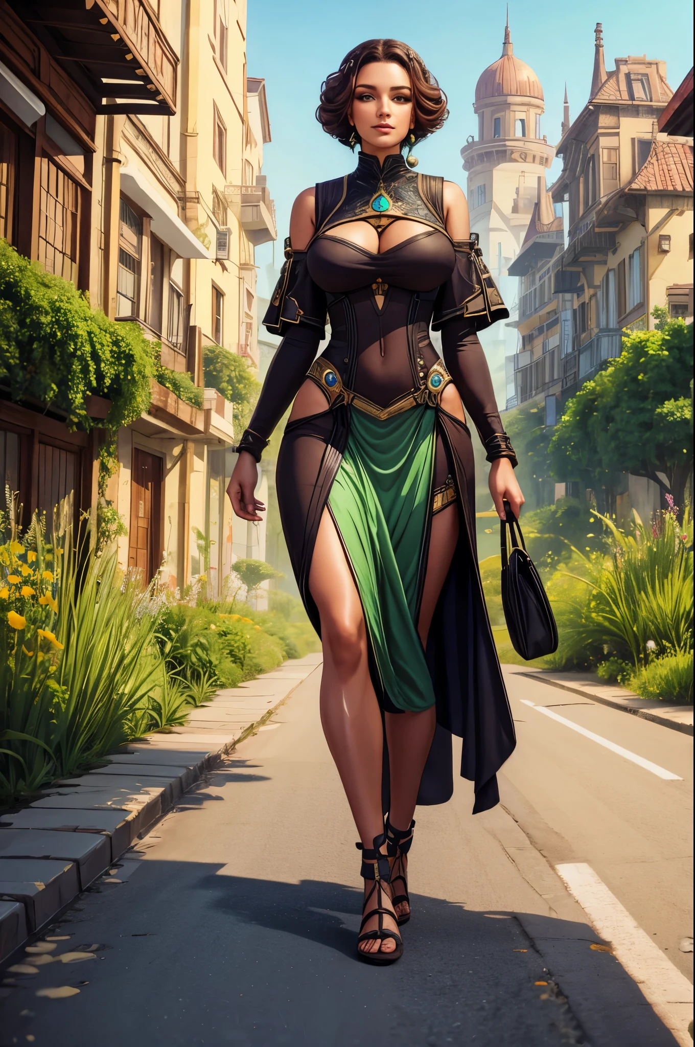 Gorgeous woman, walking down the road, farshot, solarpunk