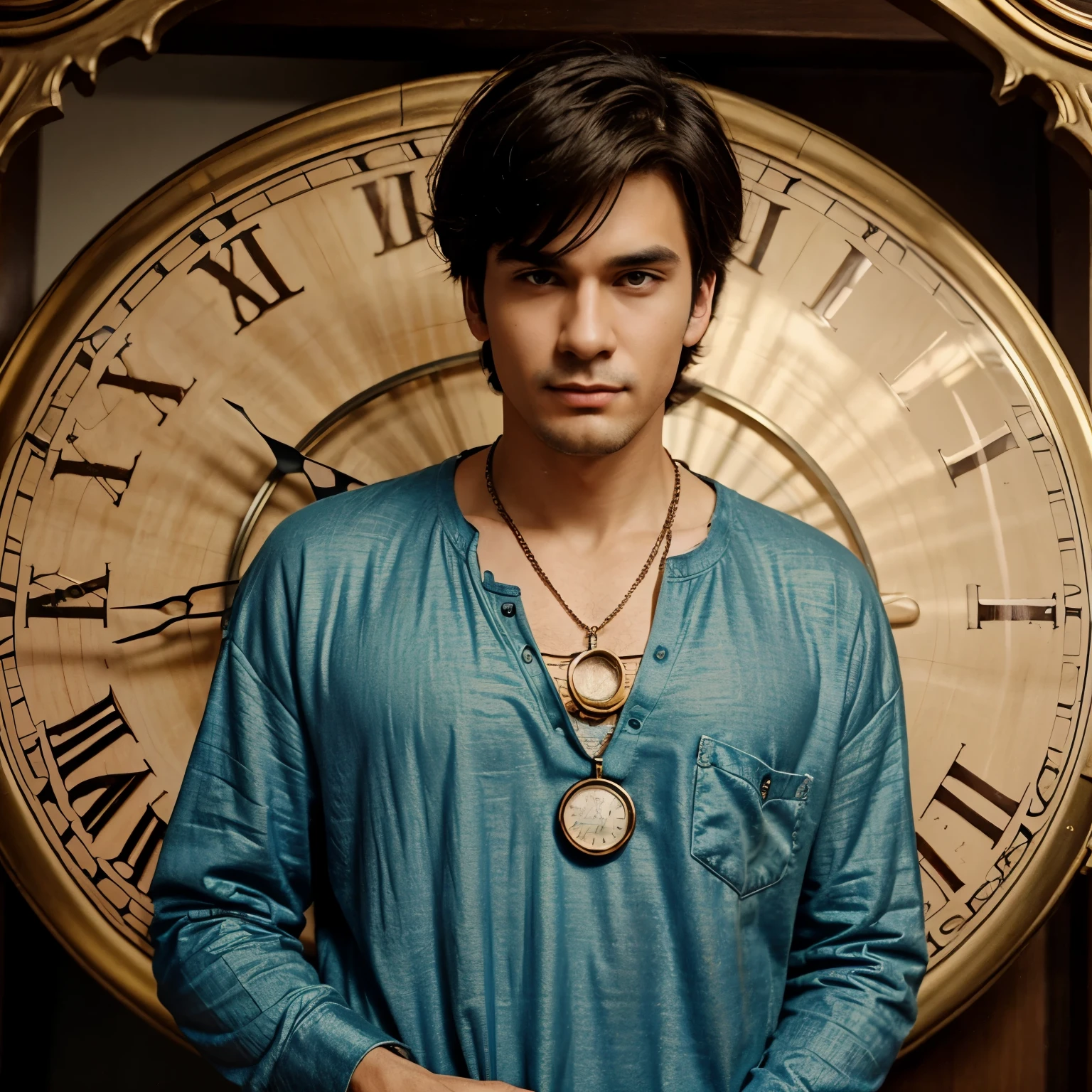 A man holding his click locket necklace ()in a casual clothes)and the background is a big vintage clock ticking counter clockwise))((make it in anime style))