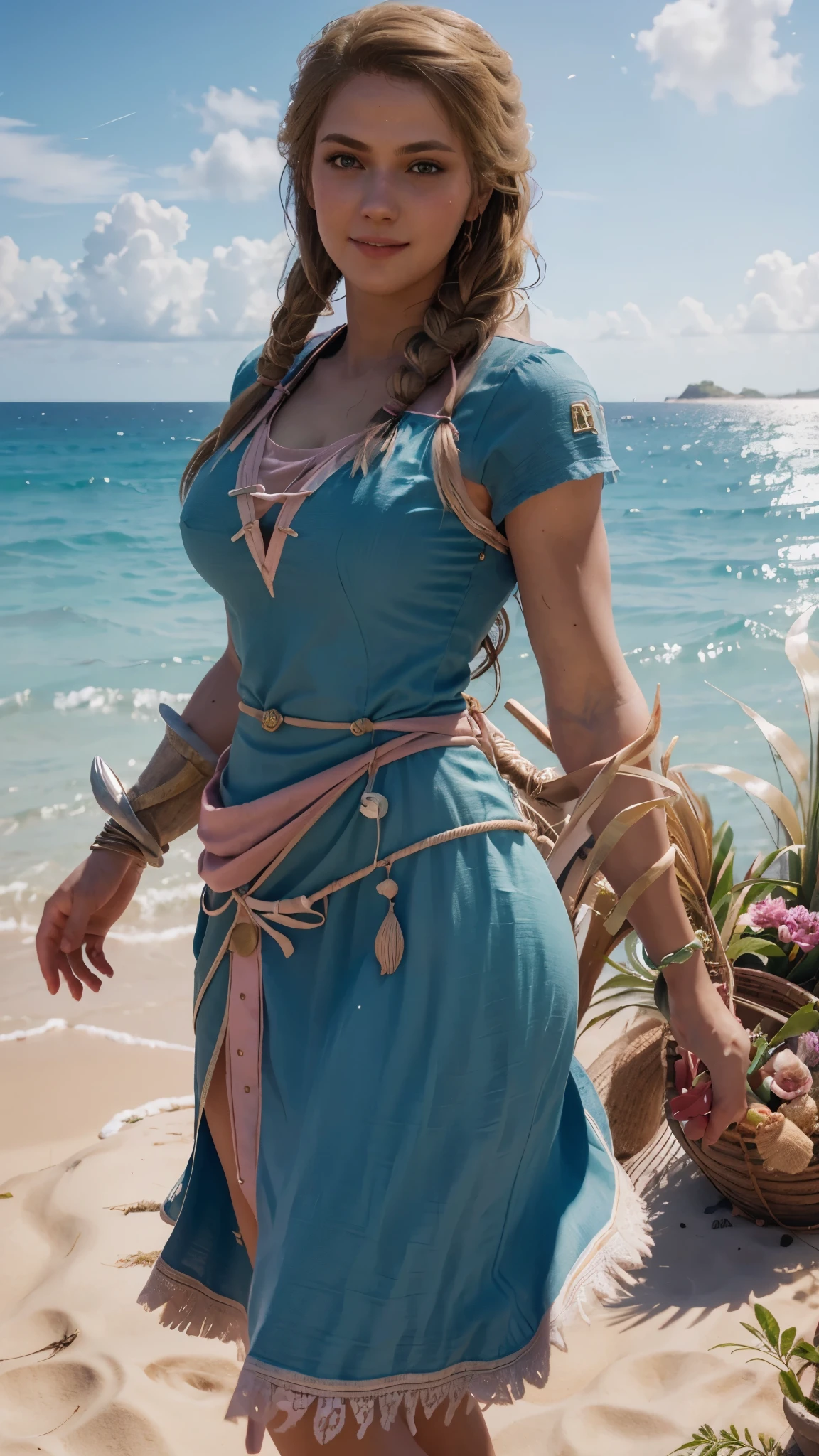 delicate and beautiful CG artwork),(best quality, ultra-detailed, high resolution),(dynamic angle, dynamic lighting),(1 character),(long pink and blonde hair), Kassandra Assassin's Creed, blue eyes, beautiful face), 1 girl, (long sideburns, plants, smile, long blue dress, 3 d, ocean, water, beach ball, sea shells, sunny, windy