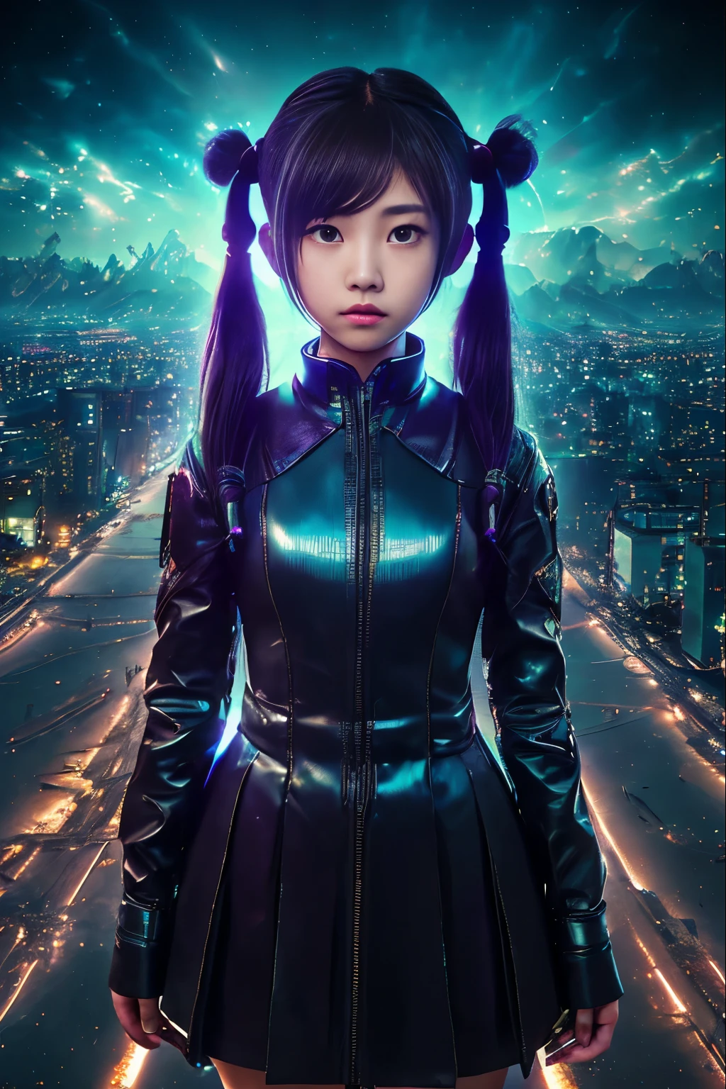 (cyber punk、Super giant UFO:1.6,There is a high-definition spaceship in the sky:1.4,8k、high school girl:1.7,high school girl2人:1.4,twin tails、Brown nits、high school girlの制服、highest quality、masterpiece:1.2)、(realistic、Photoreal:1.2,eggplant field)、1 girl、Japan、20th generation women、night、professional lighting、photon mapping、radio city、looking at camera、towards the camera、staring at the camera、cowboy shot、upper body image、 Bokeh、Depth of the bounds written、Raw photo、high school rooftop、