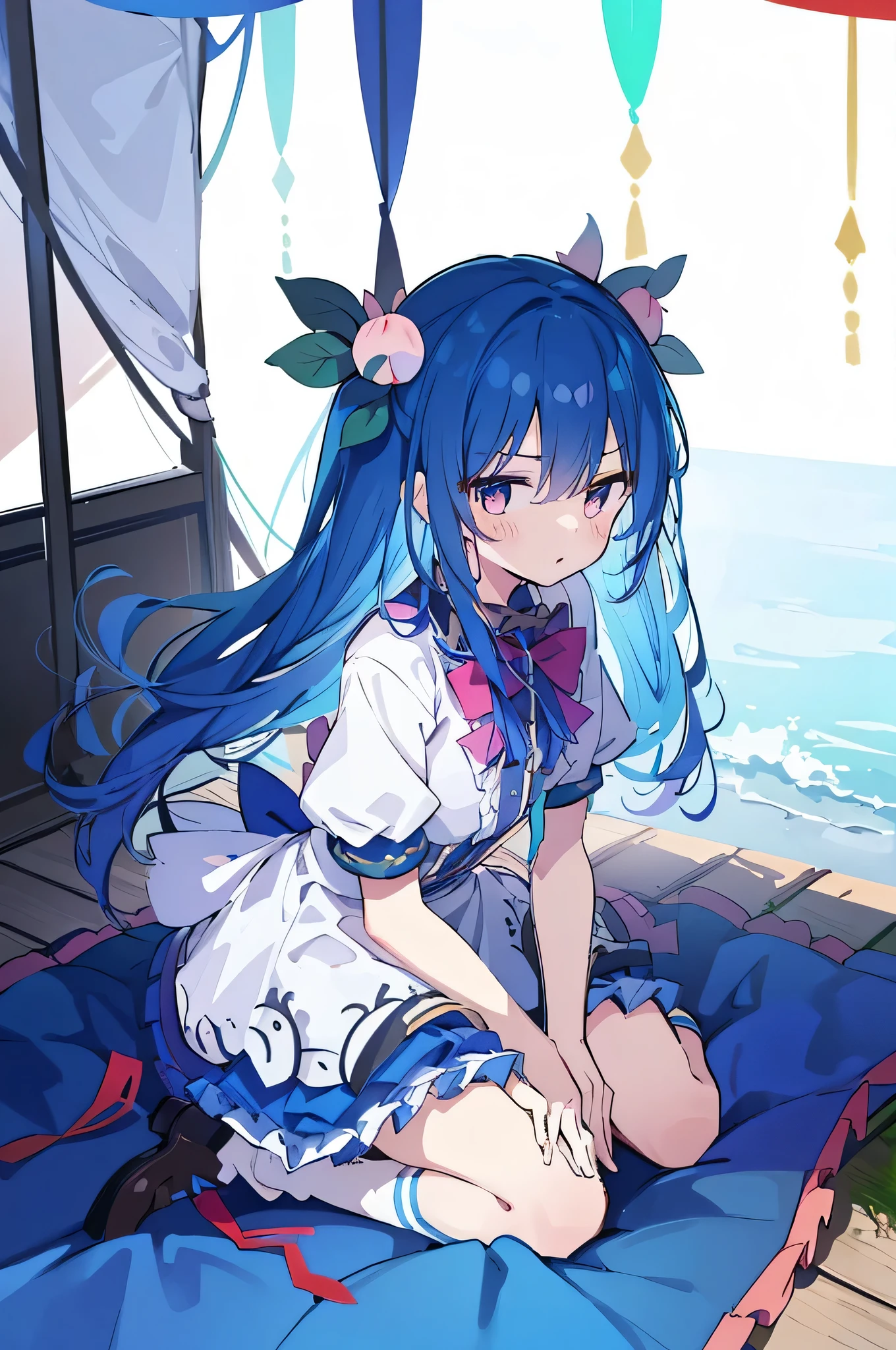 (masterpiece),best quality, expressive eyes, perfect face, 1girl,
 hands on waist,beautiful, gorgeous,anime,girl,lora,hinanawi tenshi, blue hair, blue haired, floating clothes,waist grab, grabbing waist, mains sur les hanches , hands on hips,flat chest