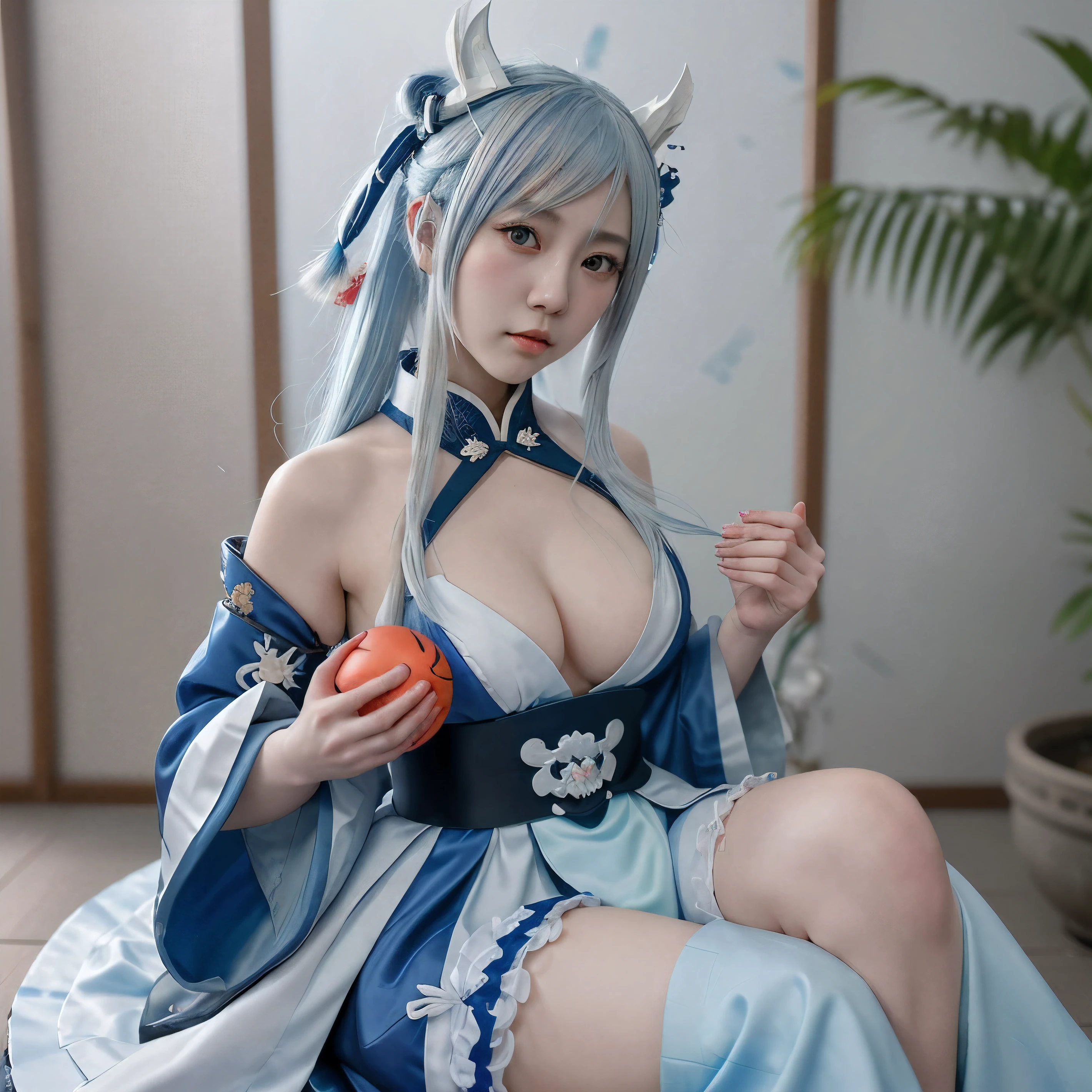 anime girl with a blue and white dress holding a blue ball, onmyoji, onmyoji detailed art, onmyoji portrait, white haired deity, keqing from genshin impact, genshin, from arknights, zhongli from genshin impact, heise jinyao, by Shitao, loong, by Yang J, yun ling,🤓👀
