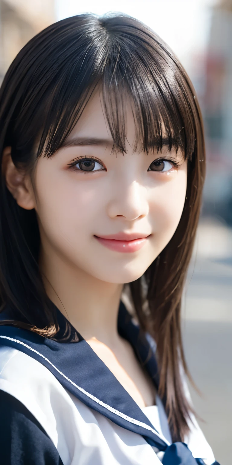 1 girl, (Please wear your high school sailor suit:1.2), (13 years old:1.5), （Original　Cai Naihua）, young face, cute face, (Raw photo, highest quality), (realistic, Photoreal:1.4), pieces fly, sharp focus, very delicate and beautiful, very detailed, 2k wallpaper, wonderful, finely, very detailed CG Unity 8K 壁紙, Super detailed, High resolution, soft light, beautiful detailed girl, very detailed目と顔, beautifully detailed nose, beautiful and detailed eyes, Break Spring Street Corner, cinematic lighting, perfect anatomy, slender body, straight long, long hair, parted bangs, innocent smile, （looking at the viewer）,