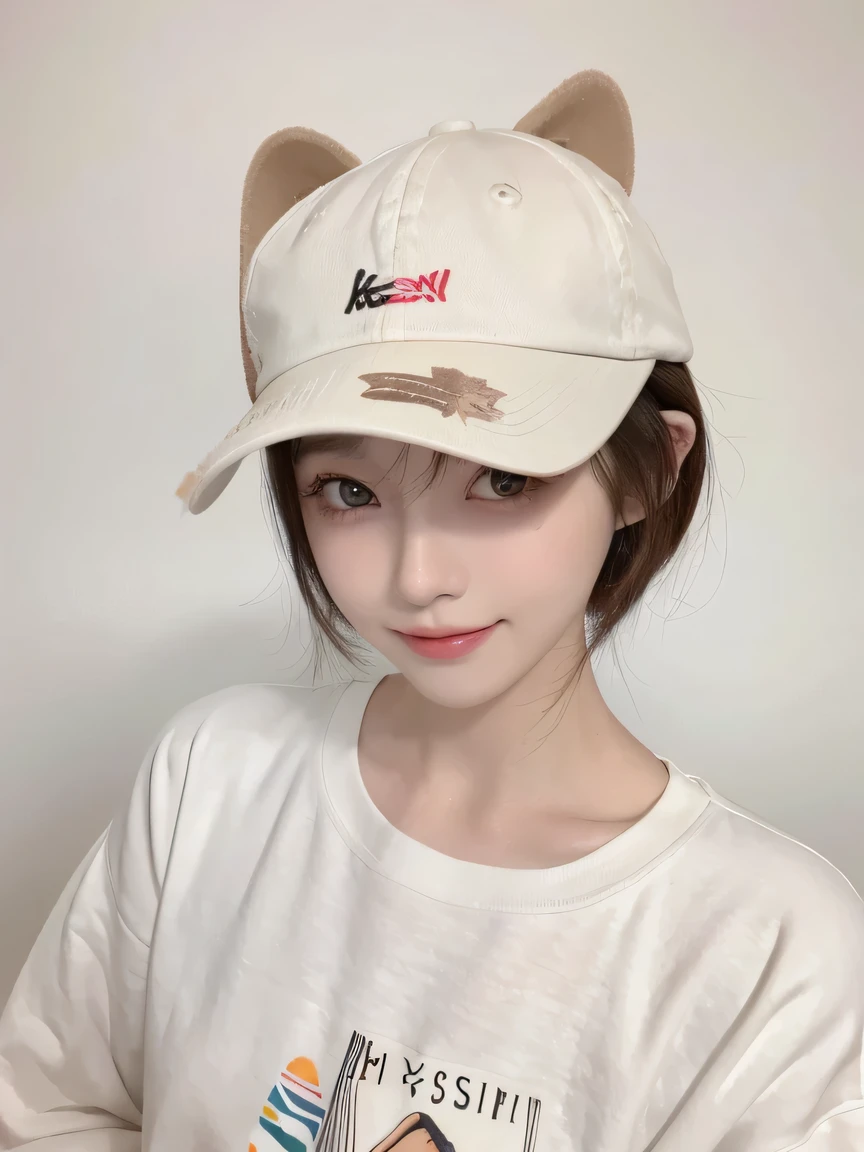 Best image quality、original photo、ultra high resolution、21 years old Korean、small breasts、dynamic angle、Cowboy shooting、The most beautiful form of chaos、elegant、Innovative design、bright colors、,light brown short hair、disheveled hair、light brown eyes 、black baseball cap(Facial expressionSmile)、short bob、Smile、Fair and shiny skin、beautiful eyes，random colors、The details are very beautiful、thin lips、Delicate beautiful eyes、elongated eyes、pale pink cheeks、long eyelashes、beautiful double eyelids、eye shadow、he、White big T-shirt sweatshirt、baggy pants、Shot from the side、sexy pose、enlarge