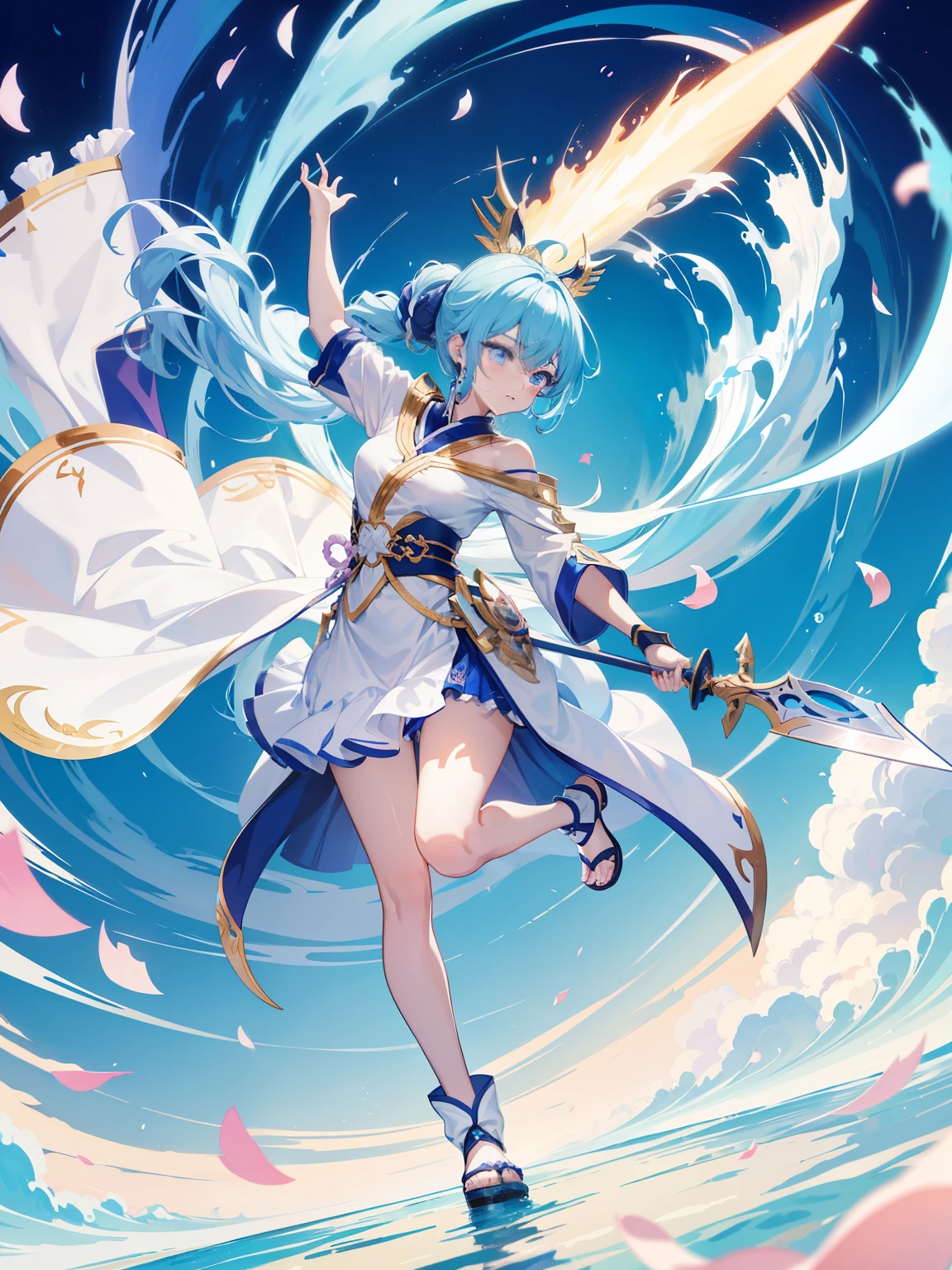 ((Best quality at best)), ((tmasterpiece)), (detailed), s the perfect face,Beautiful face,A fairy,Wearing blue clothes,Hold a sword in hand,Light movements,Surrounded by Chinese dragoneet on the sea,Small feet,Blue sky,Fairy style,Dissection is correct
