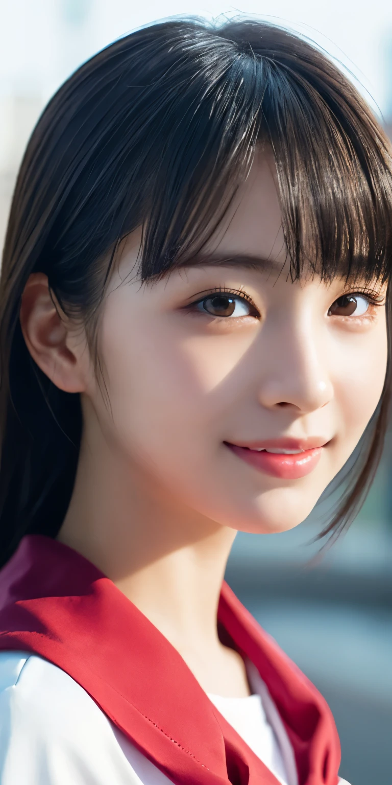 1 girl, (Please wear your high school sailor suit:1.2), (13 years old:1.5), （Original　Cai Naihua）, young face, cute face, (Raw photo, highest quality), (realistic, Photoreal:1.4), pieces fly, sharp focus, very delicate and beautiful, very detailed, 2k wallpaper, wonderful, finely, very detailed CG Unity 8K 壁紙, Super detailed, High resolution, soft light, beautiful detailed girl, very detailed目と顔, beautifully detailed nose, beautiful and detailed eyes, Break Spring Street Corner, cinematic lighting, perfect anatomy, slender body, straight long, long hair, parted bangs, innocent smile, （looking at the viewer）,ponytail、