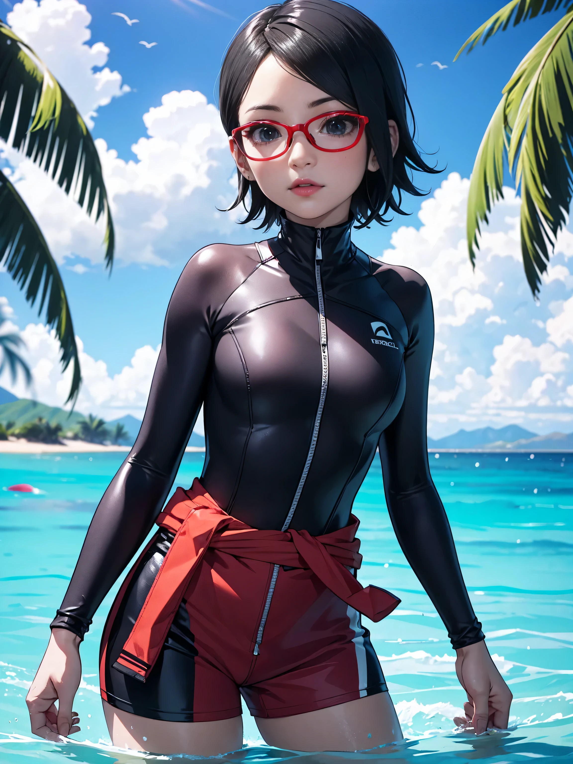 Sarada Uchiha with short hair, black eyes, wearing prescription glasses. She is wearing a black wetsuit with red details, she is on a reef with half her body out of the water, the day is sunny with some clouds, Red lipstick. Wearing a utility belt around your waist. paradise island in the background. wearing tactel shorts