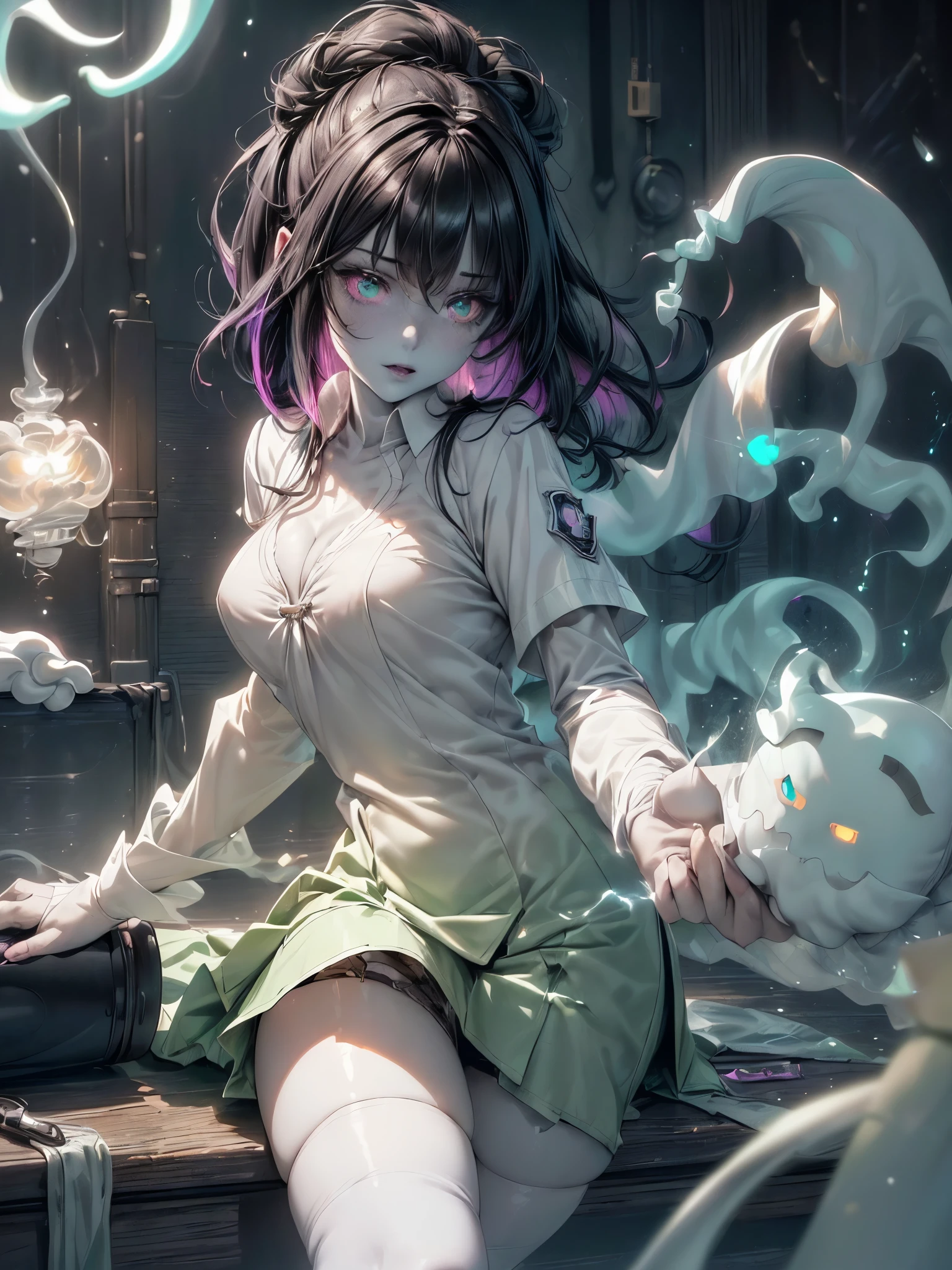 (ghosty:1.85) (doctor:1.5) (nurse:0.65) girl, (white doctor coat:1.4), (spirit, spiritual:1.2), 1girl, perfect and well designed glowing shiny eyes, (beautiful detailed eyes:1.05), natural medium breasts, slim body, beautiful and delicate cute face, (face detail), ((realistic face)), pores, ((pale grey skin)), detailed skin, realistic skin, (((bioluminescence))), ((shiny skin)), (multicolored gradation skin), (monster girl:1.25), human face, medium length hair, hair voluminous, (((((multicolored gradation hair))))), (dark-haired:1.75), super high resolution, 8k, parameters Best quality, (masterpiece:1.4), (magic accessories:1.4), bracelets, extremely detailed thick tight ((white:1.5), (green:1.2), (pink:0.5)) (medical uniform:1.6), (skirt:1.3), (standing nipples under cloth:1.3), (neckline:1.3), (cleavage:1.4), (decolette:1.5), Young Girl, Little Beast, (Smile:0.9), (pale Skin:1.85), ultra detailed, photorealistic, ((Real image)), (best quality:1.4), super high resolution, (Realistic 2.0), More details, (((1girl))), {(medical ward:1.2)|(doctor office:1.2)}, (beautiful and aesthetic:1.2), (fractal art:1.4), (cinematic light:1.1), (DUTCH ANGLE:1.2), full body, 16K, HDR, RTX, Ray Tracing, Radiosity, Anisotropic Filtering, Subsurface Scattering, (((magic lights))), metallic reflections, Detailed, Realistic, 4k highly detailed digital art, (cool_color), extremely detailed CG unity 8k wallpaper, vibrant colors, (seductive sitting pose:1.7)