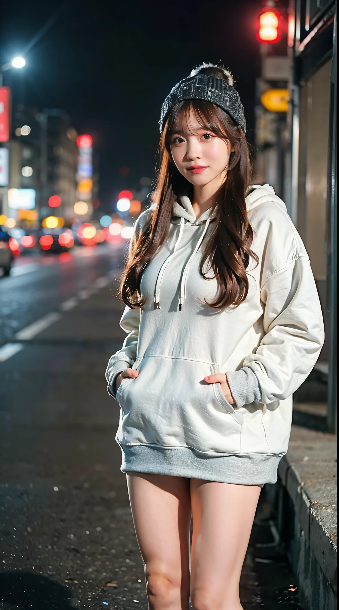 (8K、Raw photo、highest quality、masterpiece:1.3)、(realistic、Photoreal)、(very big breasts:1.2)、perfect limbs、outdoor、(Shibuya cityscape:1.4)、night、Mid-winter clothing、knit hat、Snazzy、Clothing that suits the city、(hoodie:1.3)