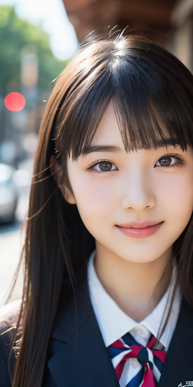 1 girl, (Please wear your high school uniform:1.2), (13 years old:1.5), （Original　Cai Naihua）, young face, cute face, (Raw photo, highest quality), (realistic, Photoreal:1.4), pieces fly, sharp focus, very delicate and beautiful, very detailed, 2k wallpaper, wonderful, finely, very detailed CG Unity 8K 壁紙, Super detailed, High resolution, soft light, beautiful detailed girl, very detailed目と顔, beautifully detailed nose, beautiful and detailed eyes, Break Spring Street Corner, cinematic lighting, perfect anatomy, slender body, straight long, long hair, parted bangs, innocent smile, （looking at the viewer）,