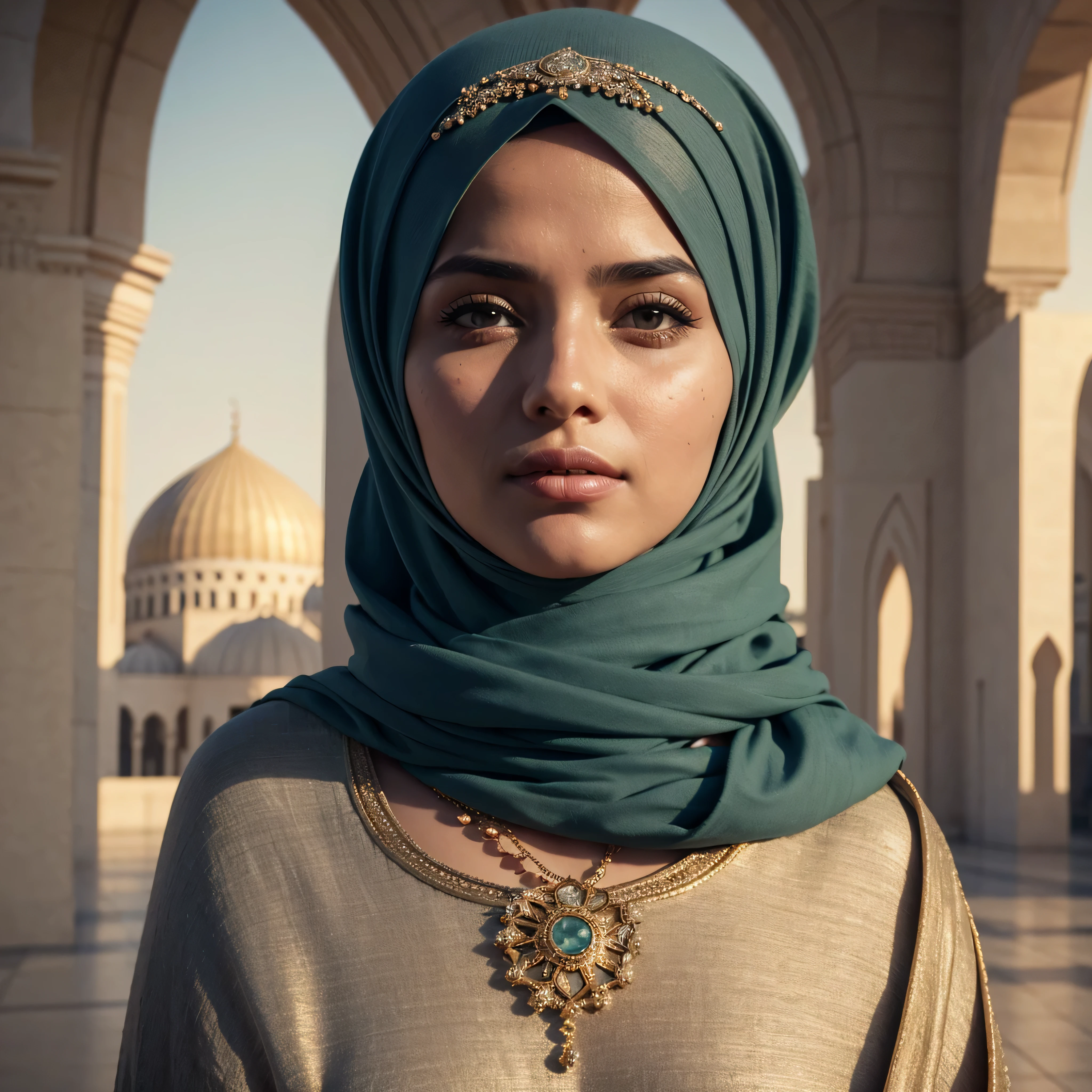 modelshoot style, (extremely detailed CG unity 8k wallpaper), full shot body photo of the most beautiful artwork in the world, (arabic princess), delicate silk clothes, arabian silk Hijab, magic, an arabic village with persian details in the background, hdr, photorealistic painting by Ed Blinkey, Atey Ghailan, Studio Ghibli, by Jeremy Mann, Greg Manchess, Antonio Moro, trending on ArtStation, trending on CGSociety, Intricate, High Detail, Sharp focus, dramatic, photorealistic painting art by midjourney and greg rutkowski