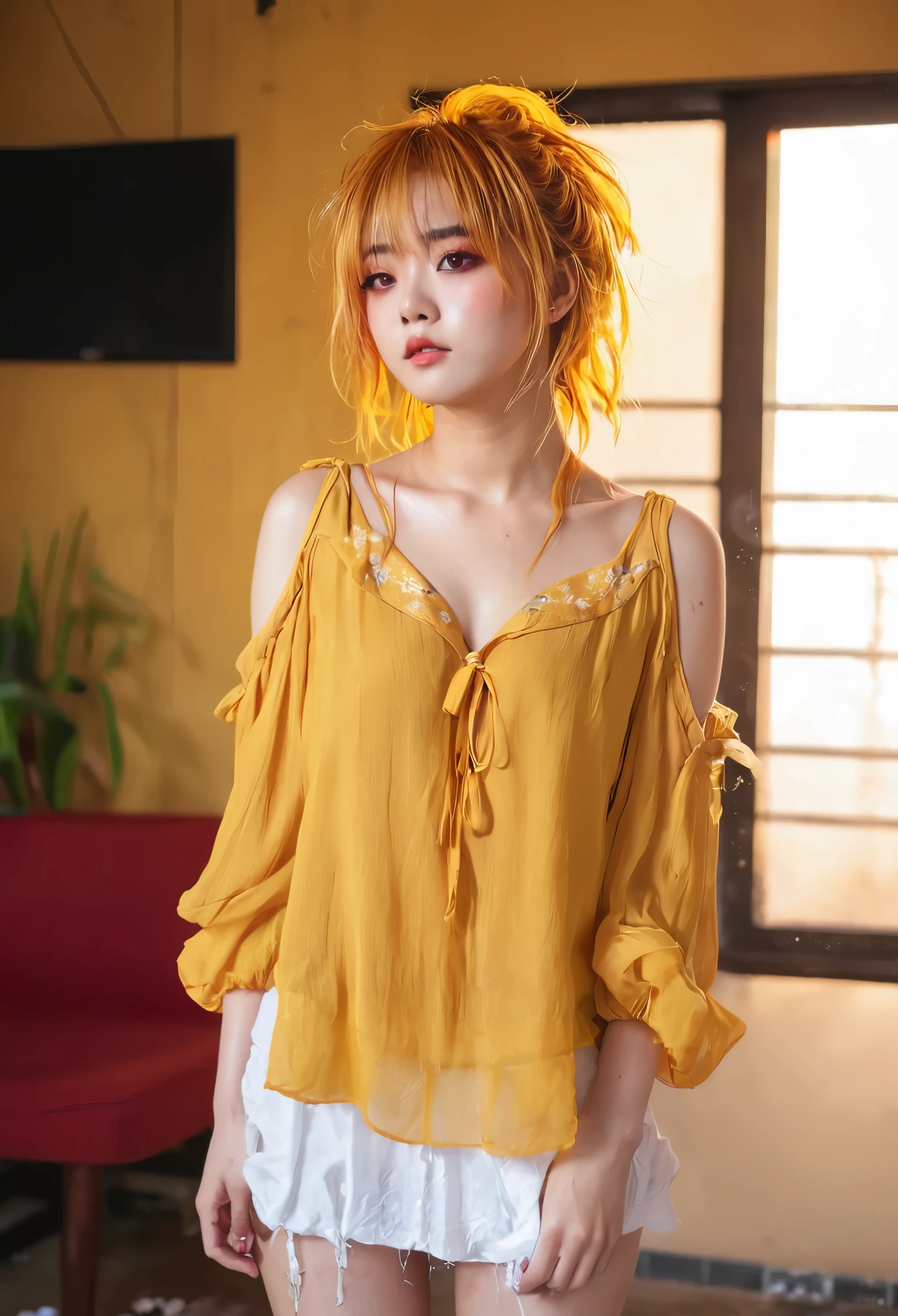 Nsfw、(((1 girl))), ((((alone)))), ((messy hairstyle)), stand and take a photo, (((reddish yellow hair)), red eyes, soft blouse