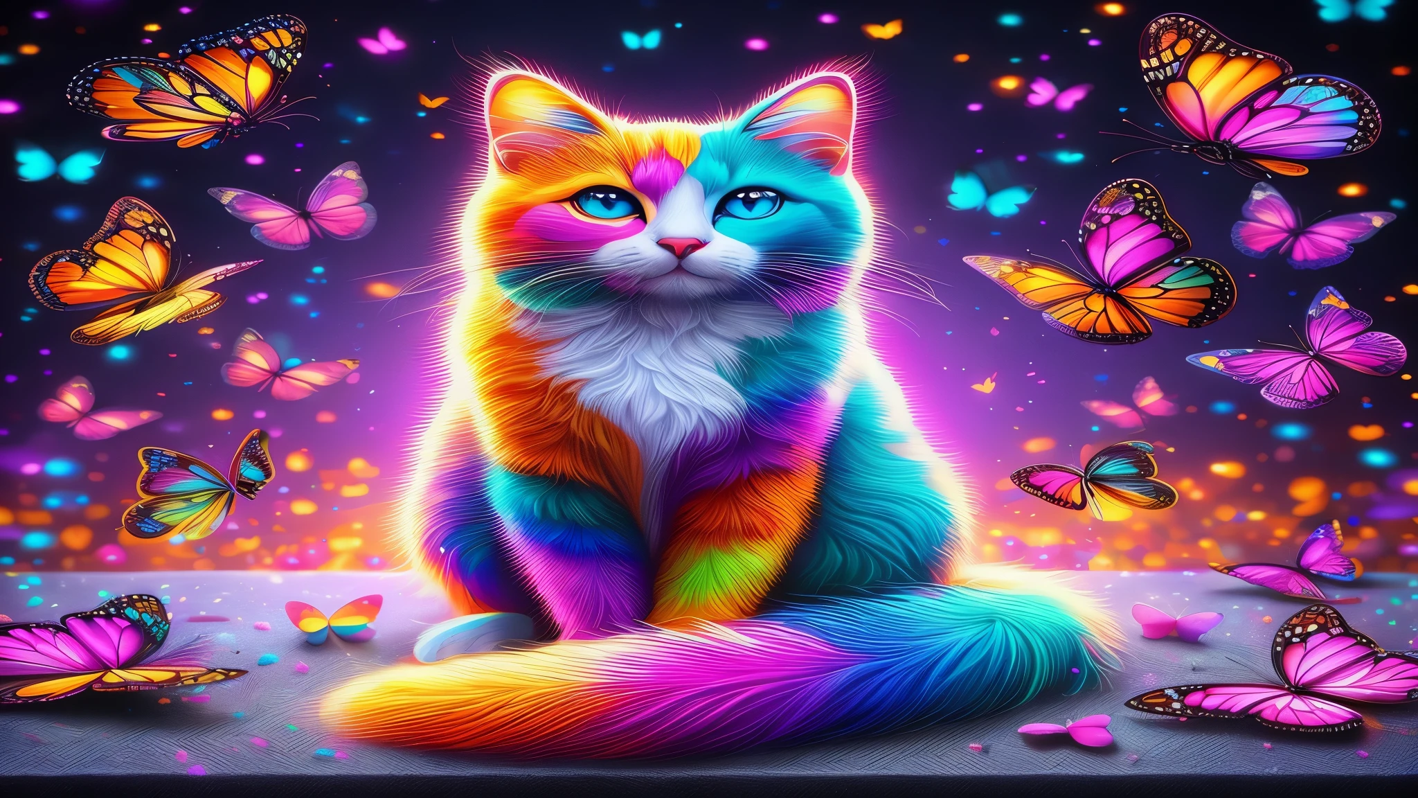 a close up of a cat with butterflies flying around it, colorful hd picure, lisa frank style, beautiful neon cats, in a lisa frank art style, portrait of a lisa frank, by Lisa Frank, cute colorful adorable, cute detailed digital art, inspired by Lisa Frank, lisa - frank, beautiful and colorful, cute digital art, 4k detailed digital art