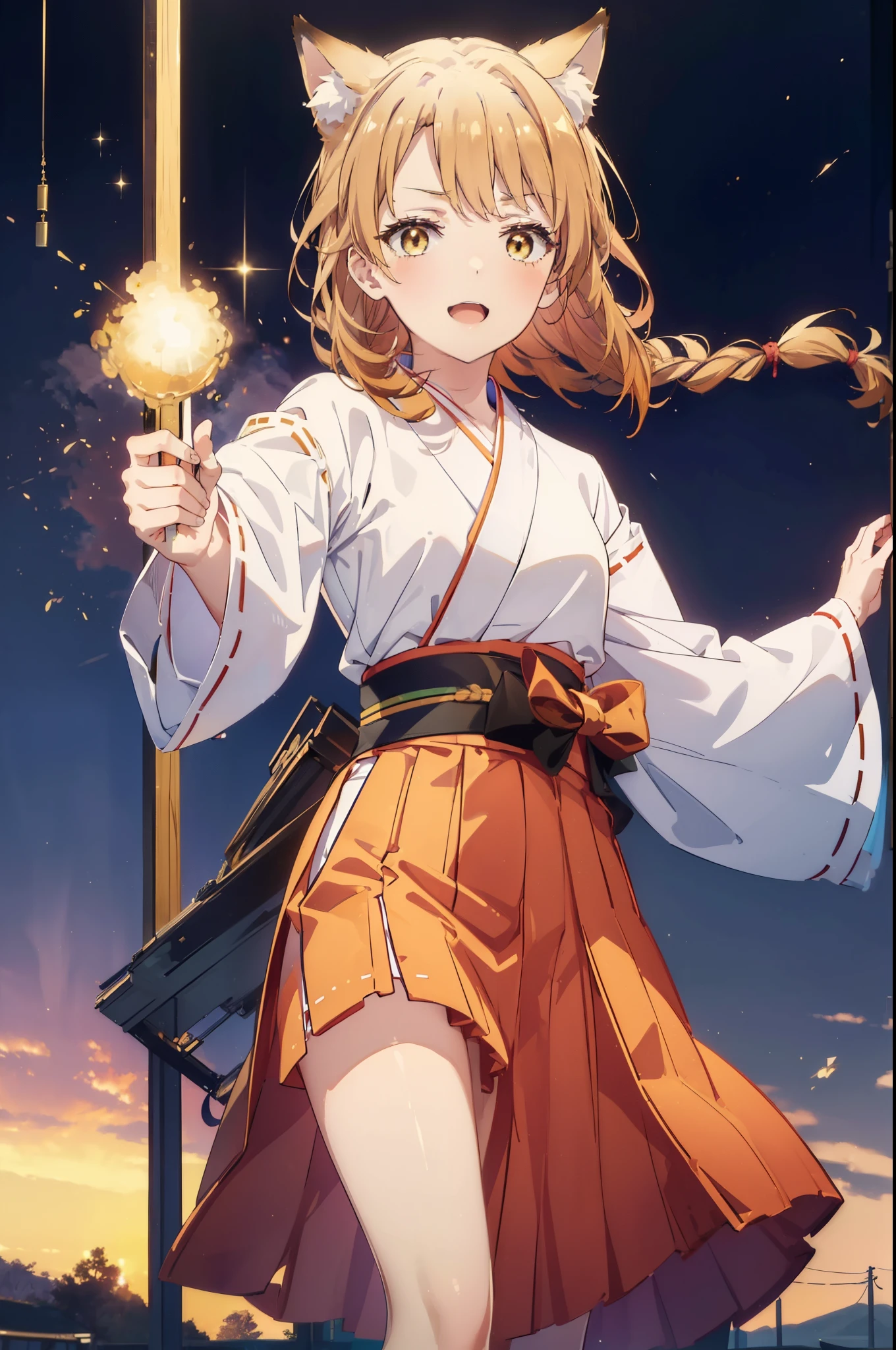 irohaisshiki, iroha isshiki, long hair, brown hair, (brown eyes:1.5), happy smile, smile, open your mouth,short braided hair,ponytail,animal ears fox ears,animal tail fox tail,Bellflower,Miko, kimono, Red too,kimono, same as skirt, wide sleeve, long sleeve, Ribbon trim sleeves, white foot bag,Zori sandals,firework in the night sky、firework、The place is a firework display,Time is night,sunny day,全身がイラストに入るように
break outdoors, festival,
break looking at viewer,
break (masterpiece:1.2), highest quality, High resolution, unity 8k wallpaper, (shape:0.8), (beautiful deしっぽed eyes:1.6), extremely deしっぽed face, perfect lighting, extremely deしっぽed CG, (perfect hands, perfect anatomy),