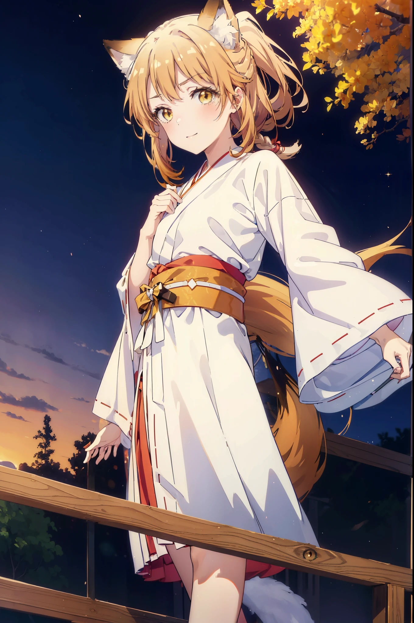 irohaisshiki, iroha isshiki, long hair, brown hair, (brown eyes:1.5), happy smile, smile, open your mouth,short braided hair,ponytail,animal ears fox ears,animal tail fox tail,Bellflower,Miko, kimono, Red too,kimono, same as skirt, wide sleeve, long sleeve, Ribbon trim sleeves, white foot bag,Zori sandals,firework in the night sky、firework、The place is a firework display,Time is night,sunny day,全身がイラストに入るように
break outdoors, festival,
break looking at viewer,
break (masterpiece:1.2), highest quality, High resolution, unity 8k wallpaper, (shape:0.8), (beautiful deしっぽed eyes:1.6), extremely deしっぽed face, perfect lighting, extremely deしっぽed CG, (perfect hands, perfect anatomy),