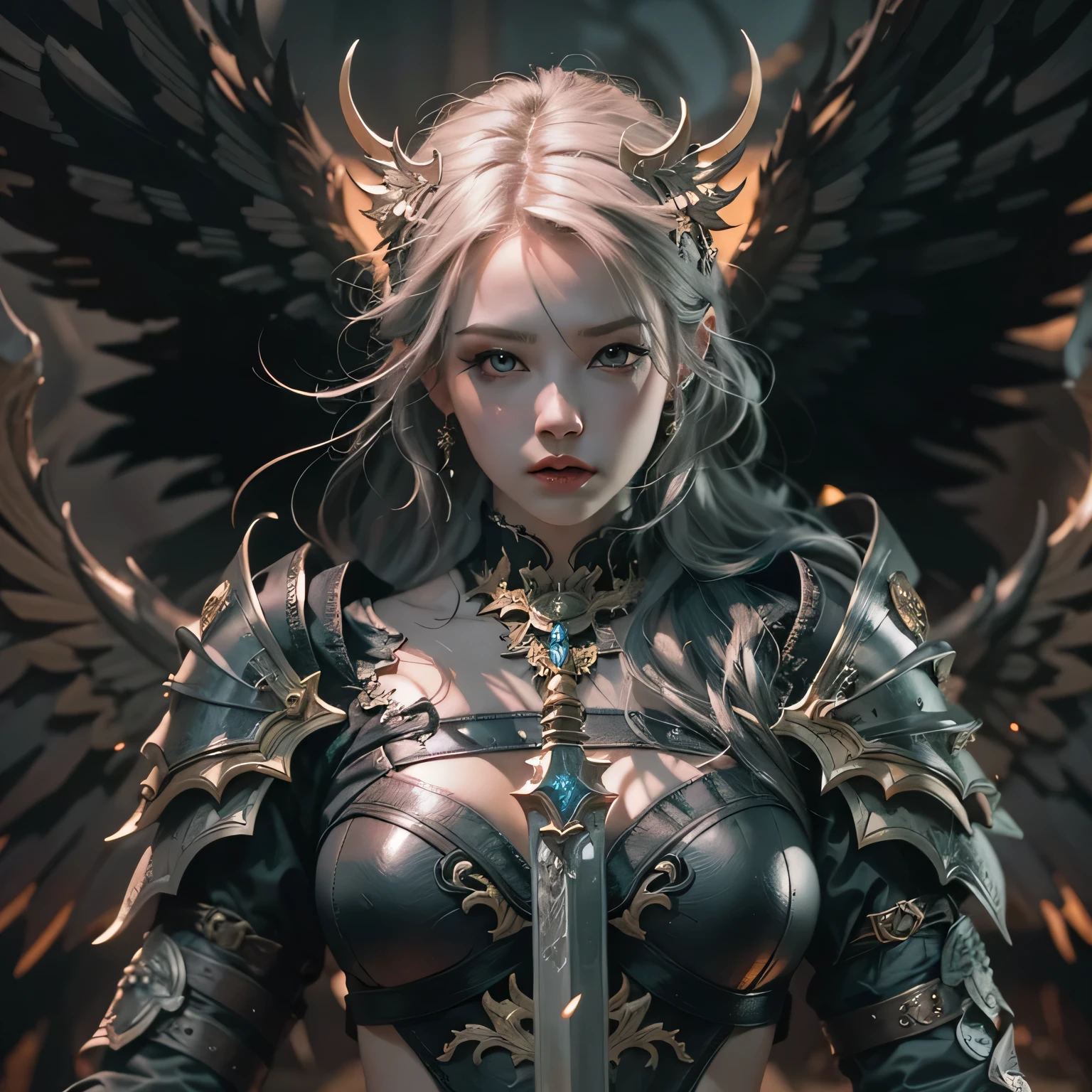 blindfolded, Divine judgement, sending from the sky, dynamic pose, A beautiful angel woman with huge wings, giant horns, facing forward, in a melancholy pose, with a beautiful sharp face, ultra-detailed, hyper realistic, cinematic lighting, dark moody colors, dramatic shadows, intricate details, ethereal, fantasy, elegant, photorealistic, body armor, showing no emotion, grey skin,,detailed face, detailed eyes, detailed hands, elf woman, full body