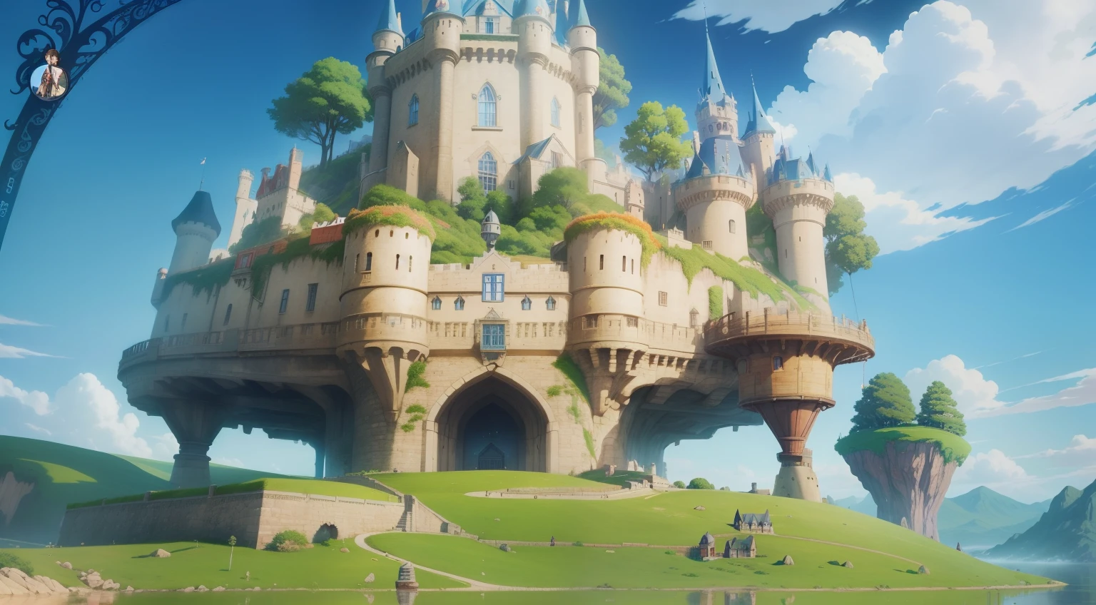 a picture taken from a video game showing a castle with a woman standing in front of it, howls moving castle, howl's moving castle, howl’s moving castle, anime opening, moving castle, legend of korra setting, loong, Chiba Yudai, anime cover, 🚿🗝📝, floating city