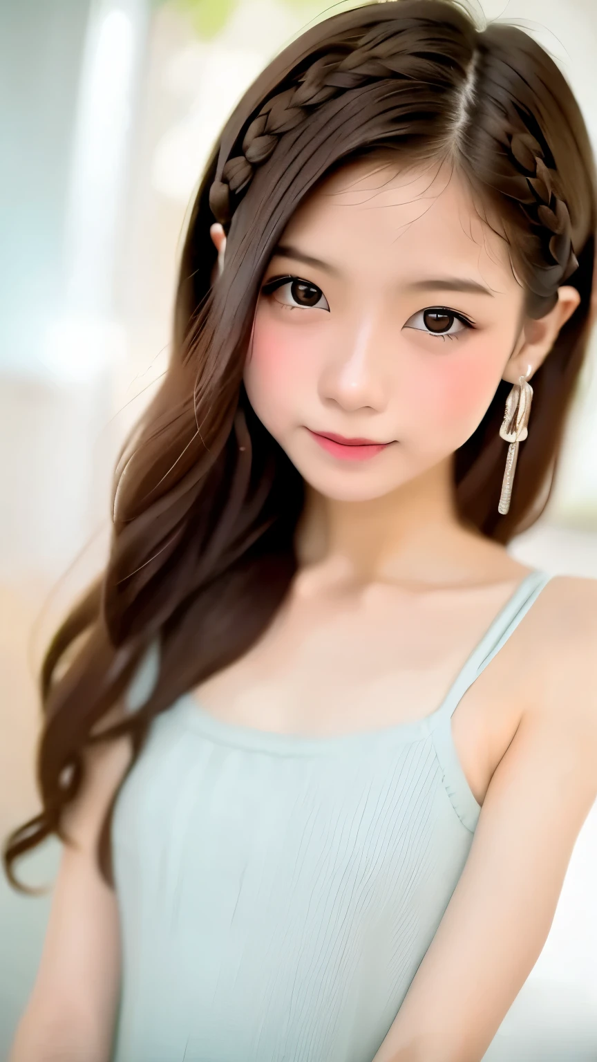 one girl、((smile:0.1))、pretty girl、brown hair、baby face、young、delicate girl、Braid、Upper body、small breasts、unreasonable precision、Super detailed、camisole、completely flat、Honesty、thin arms, professional lighting, film grain, chromatic aberration, (Eye and face details:1.0), (Bokeh:1.1)、software:1.5)))、 highest quality, 8K, 14 years,