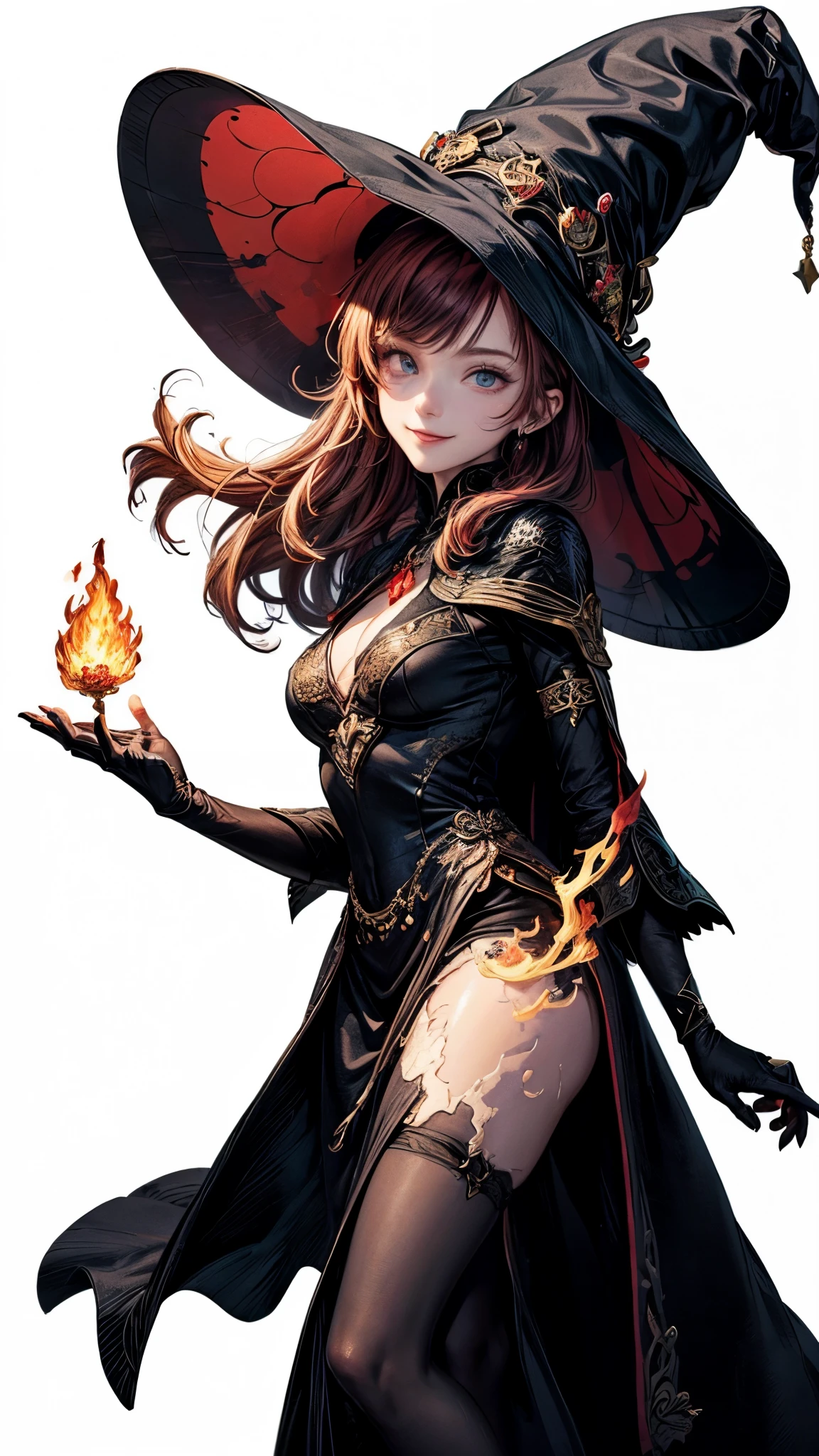 (Masterpiece, best quality), detailed, ((character concept art)), (1woman, female, black long dress, witch hat, witch dress cloth, many parts), (ruddy skin color) , (detailed eyes), detailed face, ((happy face expressions smiling)), athletic physical form, red hair color, long hair, long style haircut, ((cast fire magic, mage of fire)), full of details, Anime Babe, Wallpaper, Game Illustration, Animagine XL Babe, Fan Art, Animated,  (simple background, white background: 1.3)