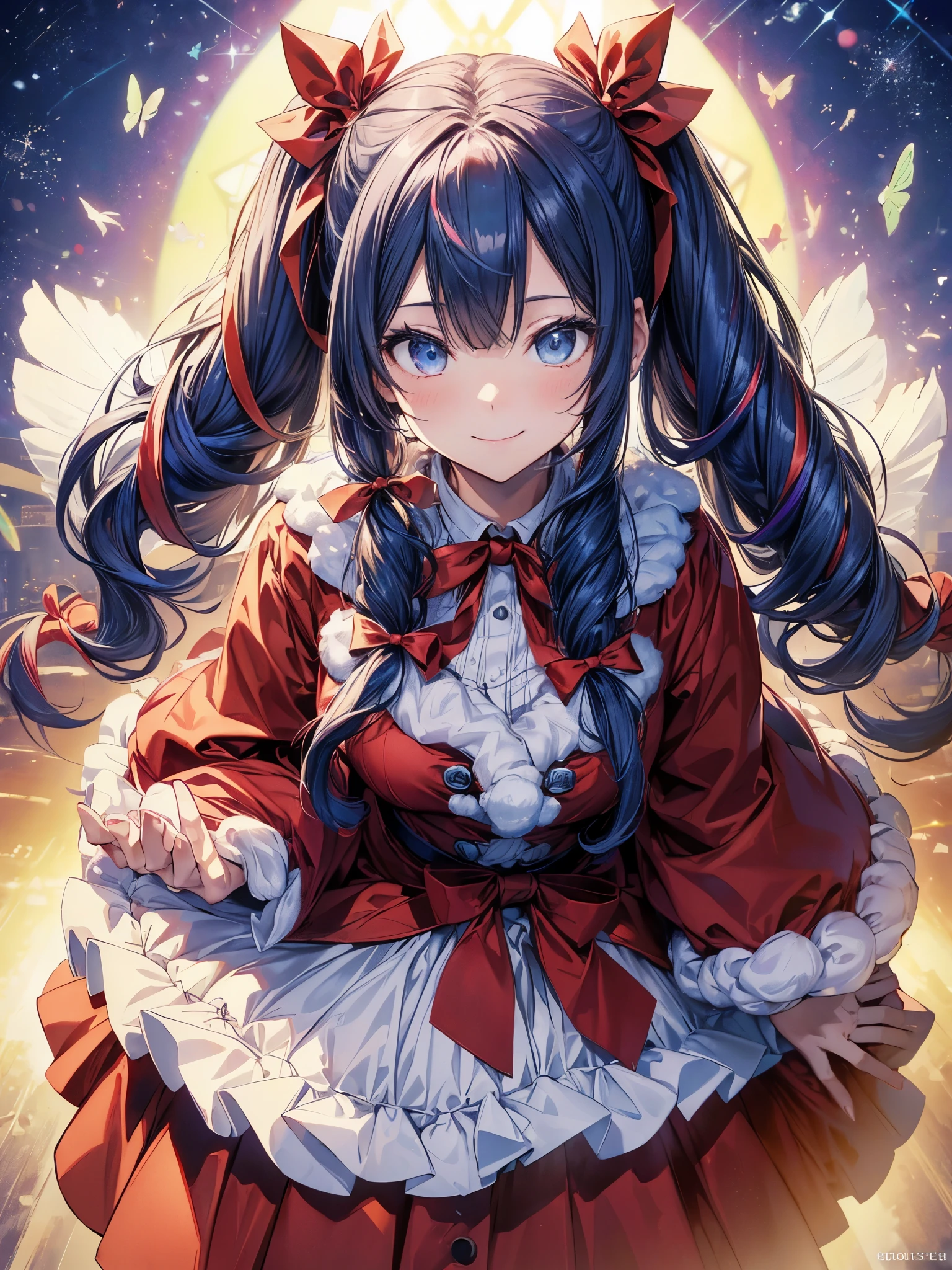 santa claus cosplay、5 gift boxes、holding a present in both hands、santa cosplay、santa claus bag、Christmaasutepiece:1.3), (8K, Photorealistic, Raw photo, Best Quality: 1.4), Beautiful face, (Realistic face), Beautiful detailed eyes, (Realistic skin), Attractive, Intricate details,Golden ratio, 1 girl,Naughty smile, (rainbow hair:1.4),((Long twintails,Ribbon 1.4)),santa、 (Blue Butterfly Hair Ornament 1.3)、deliver a present、Dynamic Angle,Intricate details, Hyper realistic、A smile、Smiling、Strong face、the morning sun、Light of Deities、Deities、Heaven、rainbows