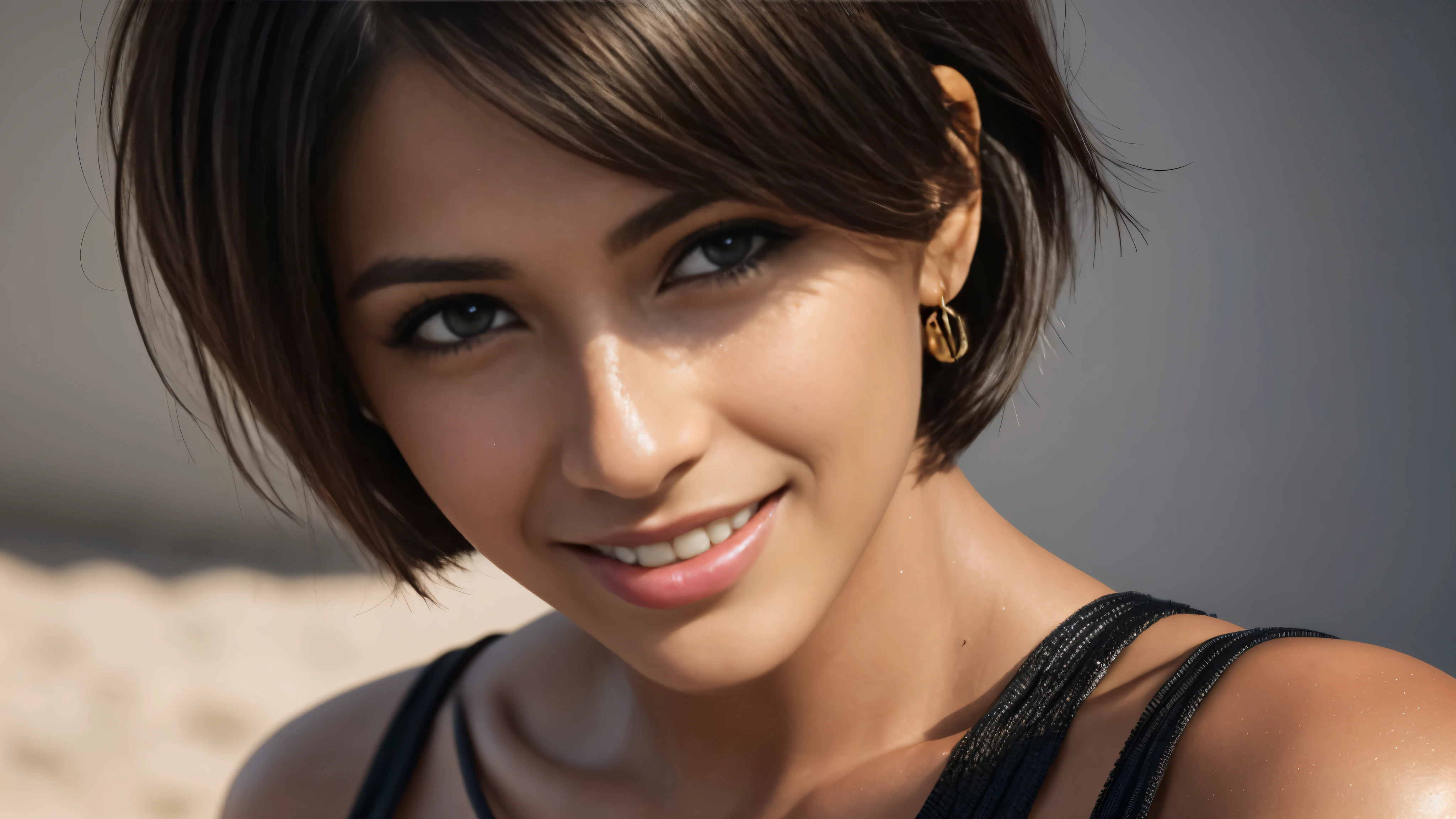Isabela Merced, portrait photo, close-up of face, bob_cut hair, smiling seductively, (skin texture:1.1), (high detail face:1.1),high detail body, high detail clotheasterpiece), (realistic), ultra high definition, 4k, ultra high resolution, film grain, cinematic lighting, rim lighting, photo by Arny Freytag, RAW image