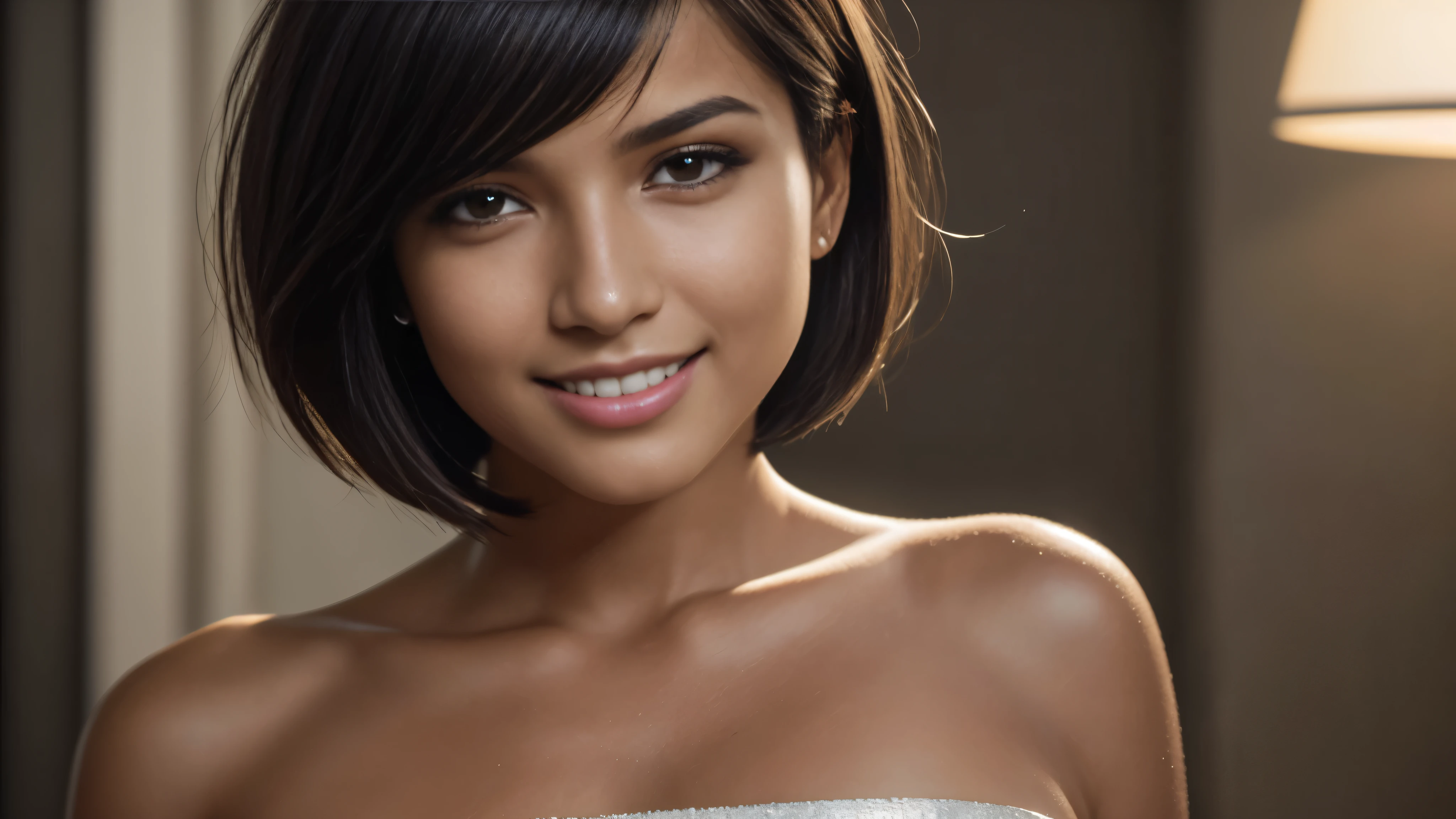 Isabela Merced, portrait photo, close-up of face, bob_cut hair, smiling seductively, (skin texture:1.1), (high detail face:1.1),high detail body, high detail clotheasterpiece), (realistic), ultra high definition, 4k, ultra high resolution, film grain, cinematic lighting, rim lighting, photo by Arny Freytag, RAW image