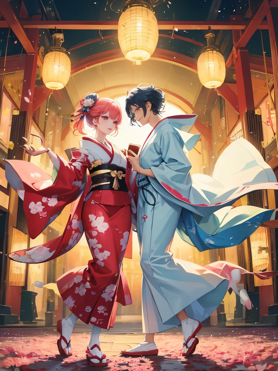 Digital art, Japan style, anime aesthetic, Easter Egg Day, two people, a man and a woman, dressed as a rabbit and an egg, captured in a full-body portrait. The handsome man dons a traditional Japanese kimono, while the beautiful woman exudes elegance in a vibrant anime-inspired outfit. The artwork showcases intricate details, from their perfectly styled hair to the meticulously designed costumes, highlighting the fusion of traditional and contemporary elements. As the backdrop, a scenic cherry blossom garden creates a picturesque setting, adding a touch of serenity to the composition. The vibrant colors and dynamic poses bring the characters to life, evoking a sense of joy and playfulness on this special occasion. This digital artwork is a true masterpiece, showcasing the talent and