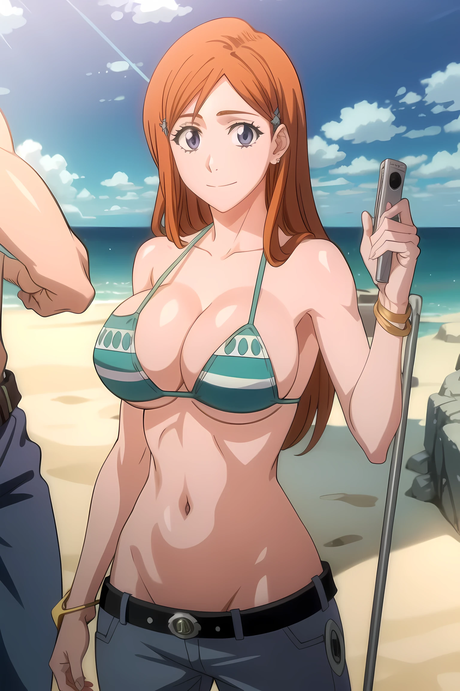 portrait, solo focus, solo, 
eft_bleach_orihime, 1girl, inoue orihime, solo, long hair, orange hair, grey eyes, breasts, purple eyes, masterpiece, best quality, beautiful lighting, 
1girl, bangle, bangs, bare shoulders, belt, bikini, bikini top only, blue sky, bracelet, breasts, bubble, cleavage, cloud, cowboy shot, day, denim, earrings, floating hair, green belt, green bikini, groin, jeans,  jewelry, large breasts, log pose, long hair, looking at viewer, navel, pants, sidelocks, sky, smile, solo, standing, stomach, swimsuit, 
, intricate, high detail, sharp focus, dramatic, beautiful girl , (RAW photo, 8k uhd, film grain), caustics, subsurface scattering, reflections