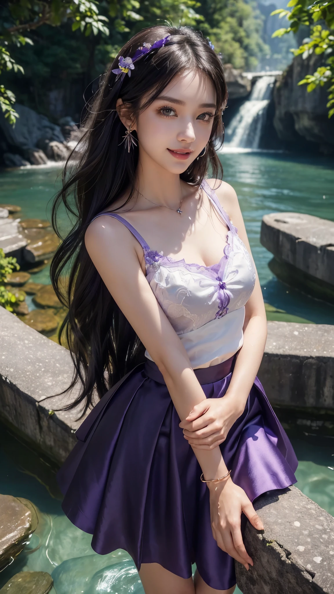 8k, masterpiece, RAW photo, best quality, photorealistic, extremely detailed CG unity 8k wallpaper, Depth of field, Cinematic Light, Lens Flare, Ray tracing, (extremely beautiful face, beautiful lips, beautiful eyes), intricate detail face, ((ultra detailed skin)) , in the dark, deep shadow, pretty Asian girl, idol, 1 girl, (very slim slender fit-muscled body:1.3), ((looking at viewer)),((big smile:1.3)), ((big smile:1.3)), (tight Matty silky satin Violet colour laced blouse), 1 Beautiful girl, (Detailed face,beautiful eyes, beautiful earrings, bracelets, necklace, pantyhose, clear eyes, (pale skin), (big eyes), face forward, ((upper body shot)), ((Matty silky satin Violet color above knee length skirt)), (Black hairs),((long Hair)), ((Matty satin silky Violet laced skirt)),(detailed pupils,detailed clothes features, Clear background:1.3), (armlets, bangle:1.3), ((Mysterious ancient ruins)), floresta exuberant, Deep canyon,((bridge)), River,cliff,Cloud,lakes,Rock music,((Waterfalls)), ((walking in Water)), ((Rose flower plants besides of river water)), Grass,grape trees,tree,bright detail,Sharp,Perfect compounding, Intricate, Sharp focus, Dramatic,(very slim), Breast, ((super round breasts under the dress)), ((flooming laced)), updo hair, ((Above knee length skirt)), ((above knee length skirt)), 4 Different types poses, Cinematic photography, ((Sexy angles)), ((1 hand on hip)),medium butt, ((Flying many Butter fly's in beside of me)), ((violet colour Flowers bunch in hand))