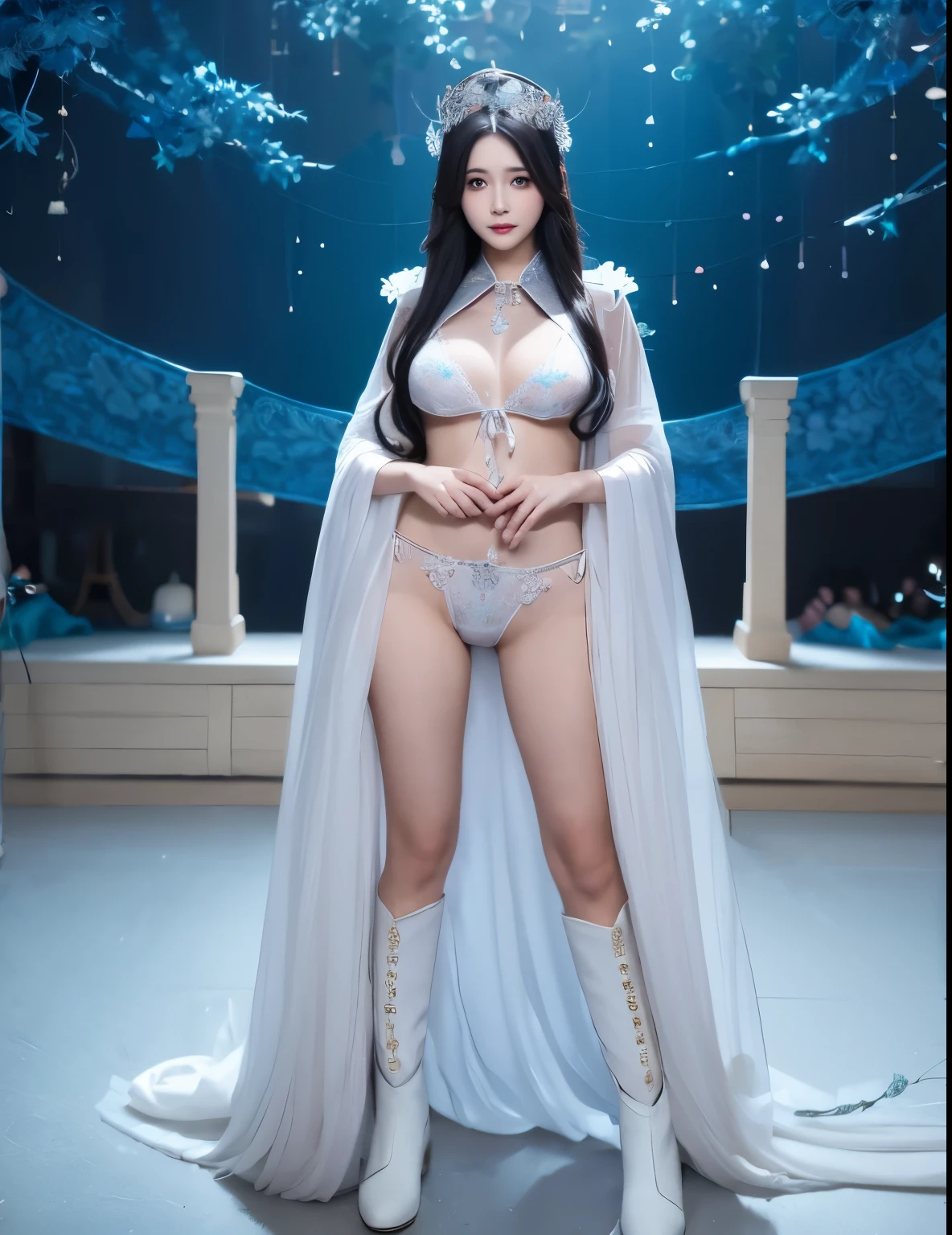 beautiful and delicate woman,Eyes and faces are very detailed, exquisite eyes, super detailed, High resolution, The content is very detailed,best quality,EnLightenment,unity,8k wallpaper,masterpiece,best quality,imagine,1 girl,China costume, Wear sexy white bikini armor,metal style, big breasts, high-cut underwear, 盔甲有圖案metal style的, red priest cloak,priest hat,standing posture,long legs,Put on pink and white boots,look at the audience,facing the audience,flowing long hair,Surreal 8000g,Impeccable,masterpiece,professional artwork,famous artwork,Light,movie bloom,perfect face,pretty face,fantasy,Dreamy and magical,not real,intricate details,Exquisite pattern…Korean woman’s face