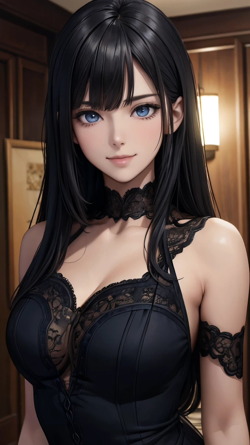 (surreal), (figure), (Improved resolution), (8K), (very detailed), (Best figure), (beautiful and detailed eyes), (highest quality), (super detailed), (masterpiece ), ( wallpaper), (detailed face), alone, 1 girl, looking at the viewer, small details, detailed face, in the dark, deep shadow, discreet key, Pure erotic face ace_V1, smile, long hair, black shawl straight hair , 46 point diagonal bangs