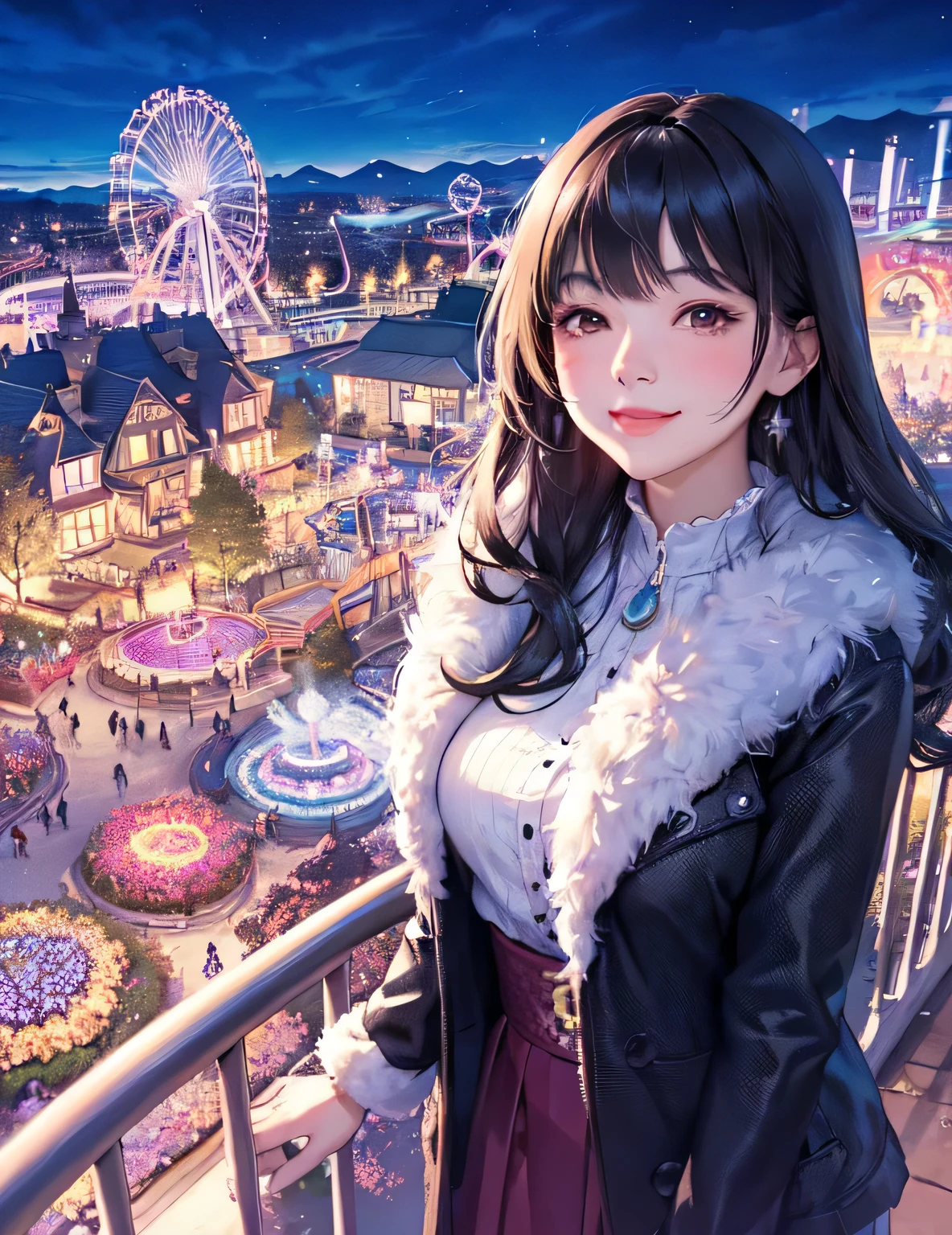 1lady solo, /(stylish outfit/), mature female, /(black hair/) bangs, blush joyfully smile, (masterpiece best quality:1.2) delicate illustration ultra-detailed, large breasts BREAK (theme park:1.1), (night-time illuminations:1.2) flower garden, attractions