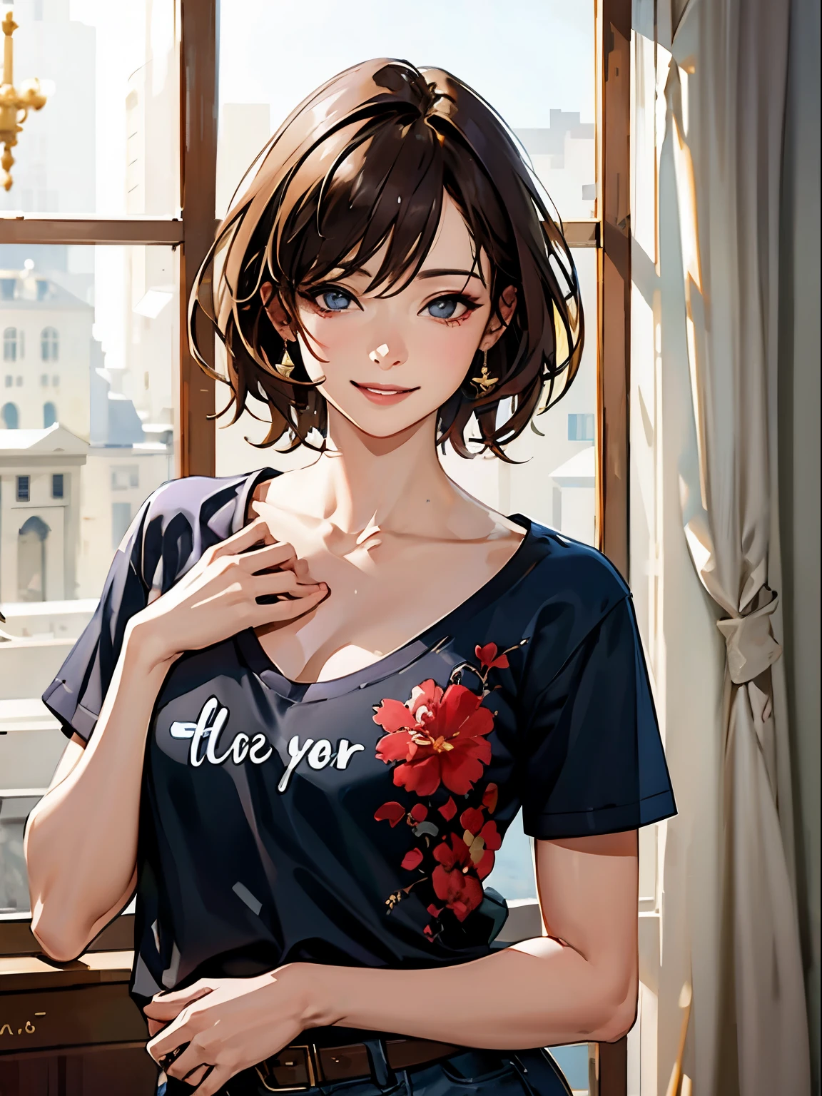 highest quality, ultra high resolution, (realistic: 1.4), beautiful Eyes, Super beautiful, very short hair, beautiful, lover, T-shirt with rough chest, beautiful Soldier, Eyes that invite the viewer, loverの視点, inviting look, sexy smile, perfect style, perfect balance, fine skin, naughty look, I can see your chest