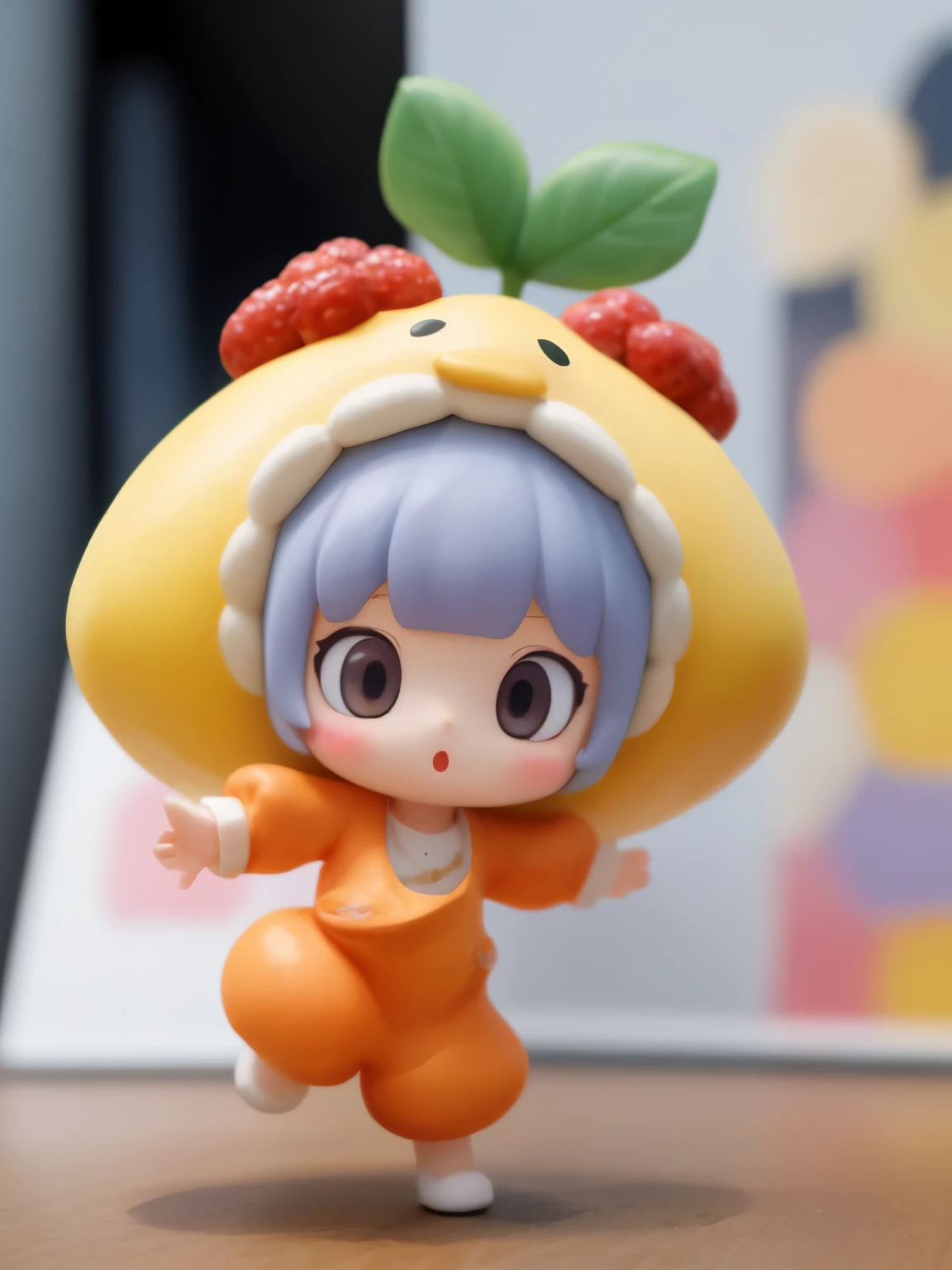 blindbox、Chibi girl acting on stage、wearing a cute fruit costume、action、jump、Take a photo from the side