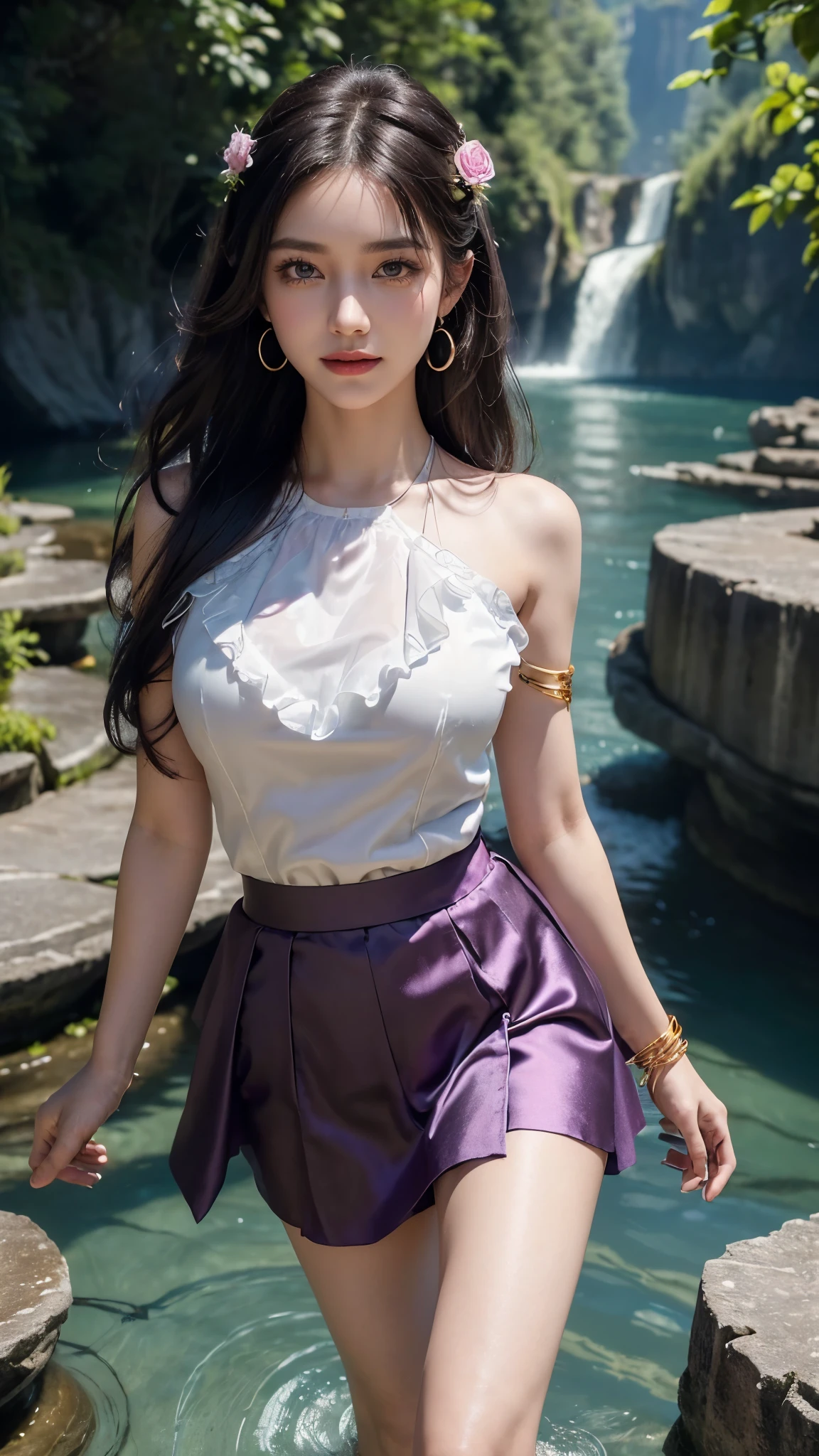 8k, masterpiece, RAW photo, best quality, photorealistic, extremely detailed CG unity 8k wallpaper, Depth of field, Cinematic Light, Lens Flare, Ray tracing, (extremely beautiful face, beautiful lips, beautiful eyes), intricate detail face, ((ultra detailed skin)) , in the dark, deep shadow, pretty Asian girl, idol, 1 girl, (very slim slender fit-muscled body:1.3), ((looking at viewer)),((big smile:1.3)), (tight Matty silky satin Violet colour laced blouse), 1 Beautiful girl, (Detailed face,beautiful eyes, beautiful earrings, bracelets, necklace, pantyhose, clear eyes, (pale skin), (big eyes), face forward, ((upper body shot)), ((Matty silky satin Violet color above knee length skirt)), (Black hairs),((long Hair)), ((Matty satin silky Violet laced skirt)),(detailed pupils,detailed clothes features, Clear background:1.3), (armlets, bangle:1.3), ((Mysterious ancient ruins)), floresta exuberant, Deep canyon,((bridge)), River,cliff,Cloud,lakes,Rock music,((Waterfalls)), ((walking in Water)), ((Rose flower plants besides of river water)), Grass,grape trees,tree,bright detail,Sharp,Perfect compounding, Intricate, Sharp focus, Dramatic,(very slim), Breast, ((super round breasts under the dress)), ((flooming laced)), updo hair, ((Above knee length skirt)), ((above knee length skirt)), 4 Different types poses, Cinematic photography, Sexy angles, medium butt, ((Flying many Butter fly's in beside of me)),