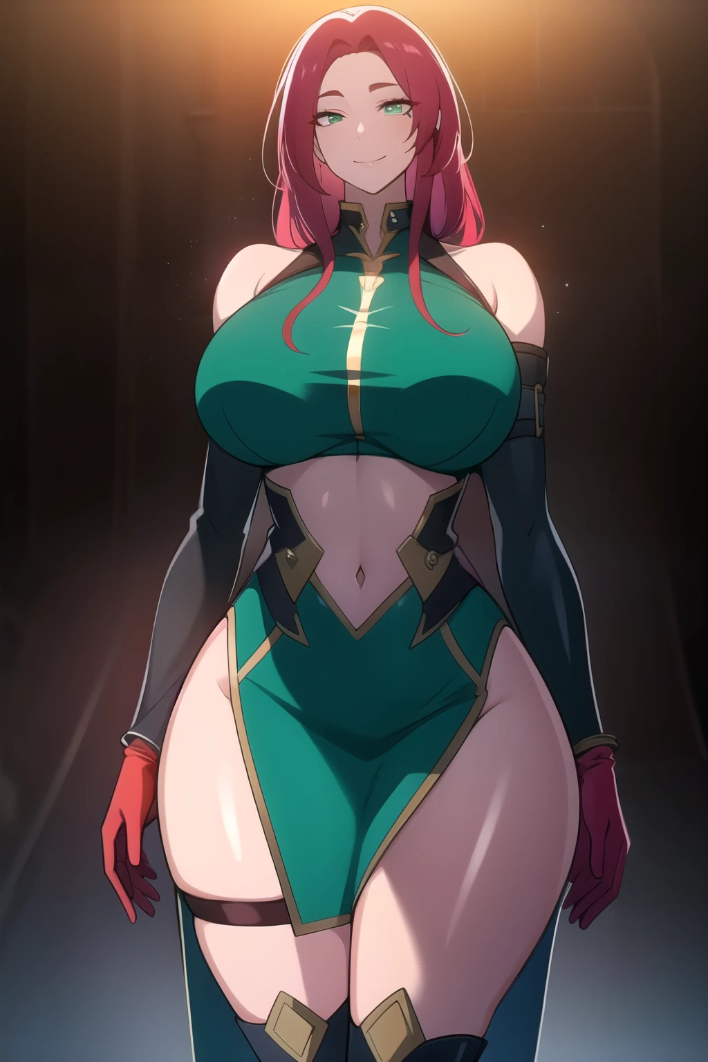 masterpiece, best quality, absurdres, 8k, perfect shadows,perfect lighting,hdr, cowboy shot,shiny skin,skindentation, beautiful body, kafka, ((red hair: 1.4)), long hair, (green eyes: 1.4),  (crop top, underboob, elbow gloves, thigh boots, split skirt, bare shoulders, curvy, midriff, curvy, thighs, higheels, shiny clothes), complex detailed background, inside, luxury palace) (gigantic breasts,hourglass body, thin waist,very slim waist)extremely detailed face,detailed eye makeup, detail face, nice detailed eyes,nice hands, perfect hands (realistic pupils,realistic iris:1) heavy eye makeup,glowing eyes, Bright eyes,standing,standing at attention,(seductive smile), gigantic breasts, curvy, cowboy shot