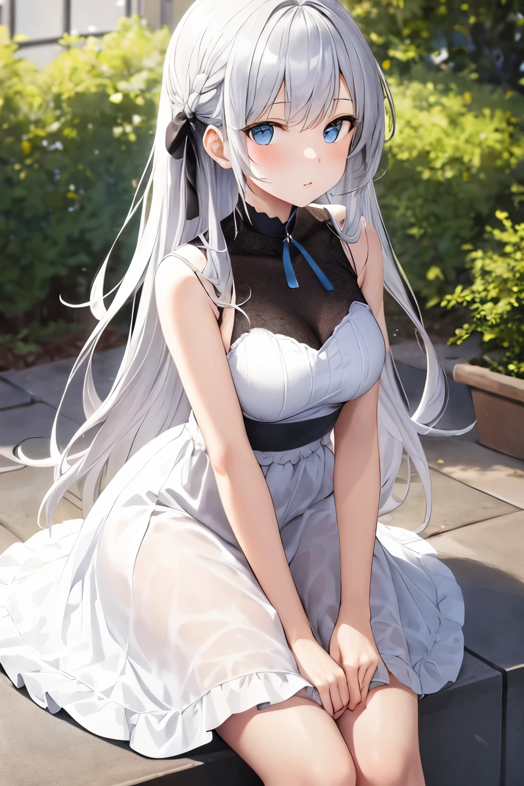 Young woman, long silver hair tied in a black bow, blue eyes,white dress