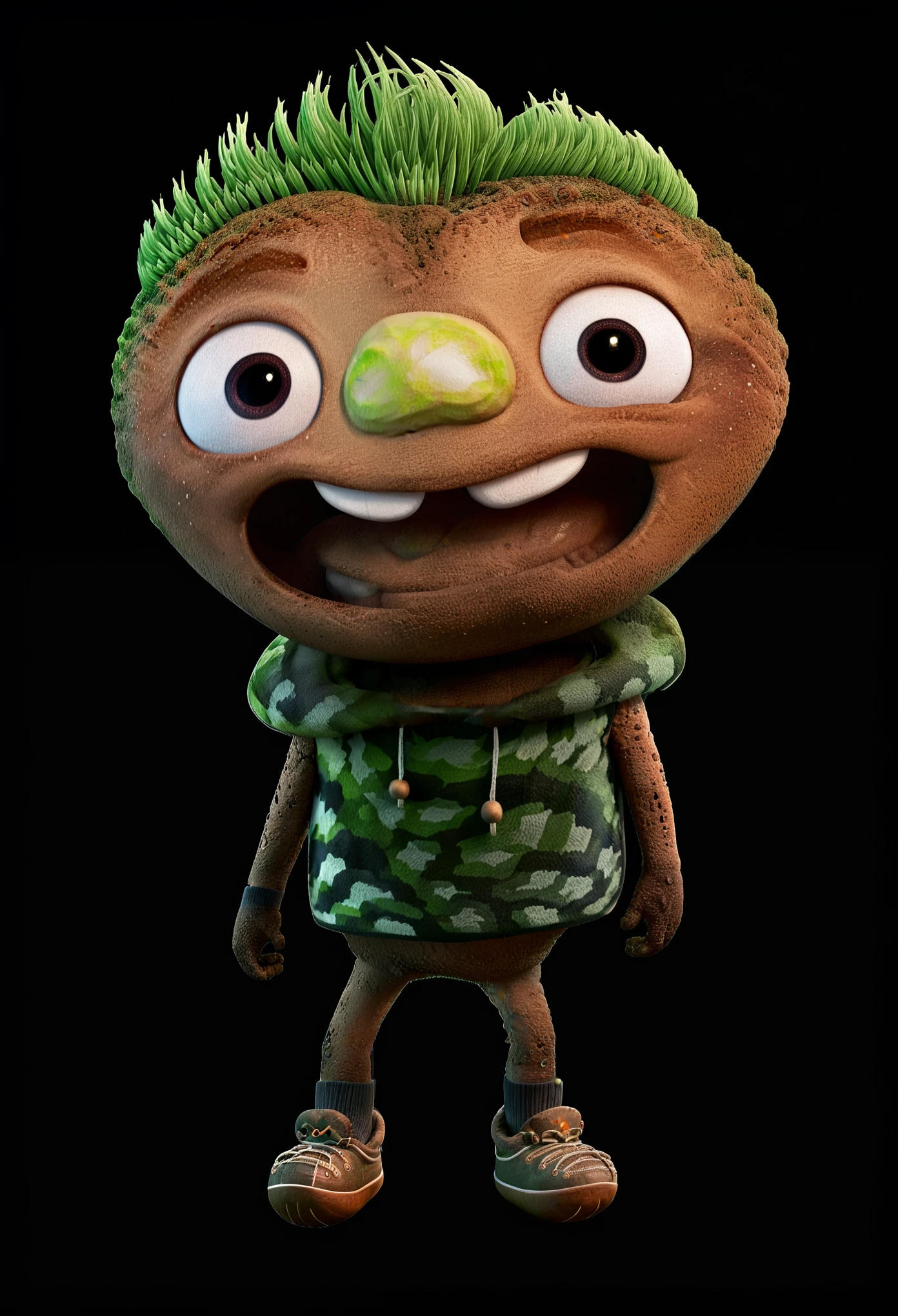 3d character concept, clod, clod full body portrait, clod look on us, straight stare in camera view, big eyes, gaze on us, evil smirk, (evil smile:1.3), very evil smile emotion on mouth, view from bottom, clod standing higher, view from bottom to top, black background