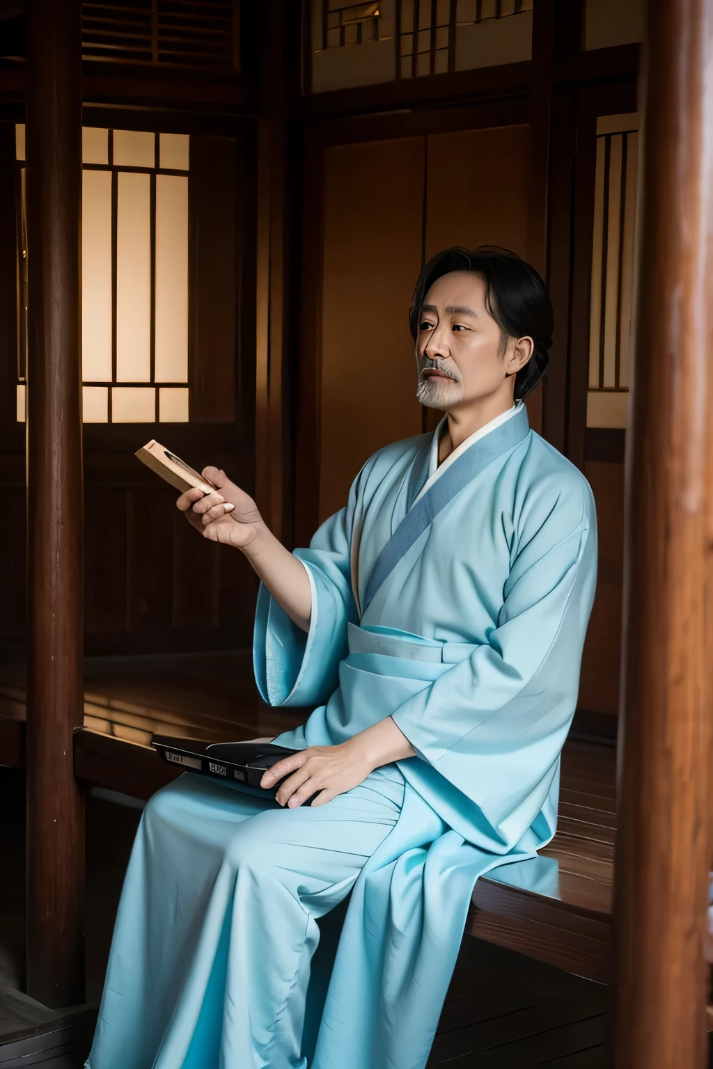 Hanfu,man,middle-aged man,Handheld a scroll,teacher,wooden house,valley