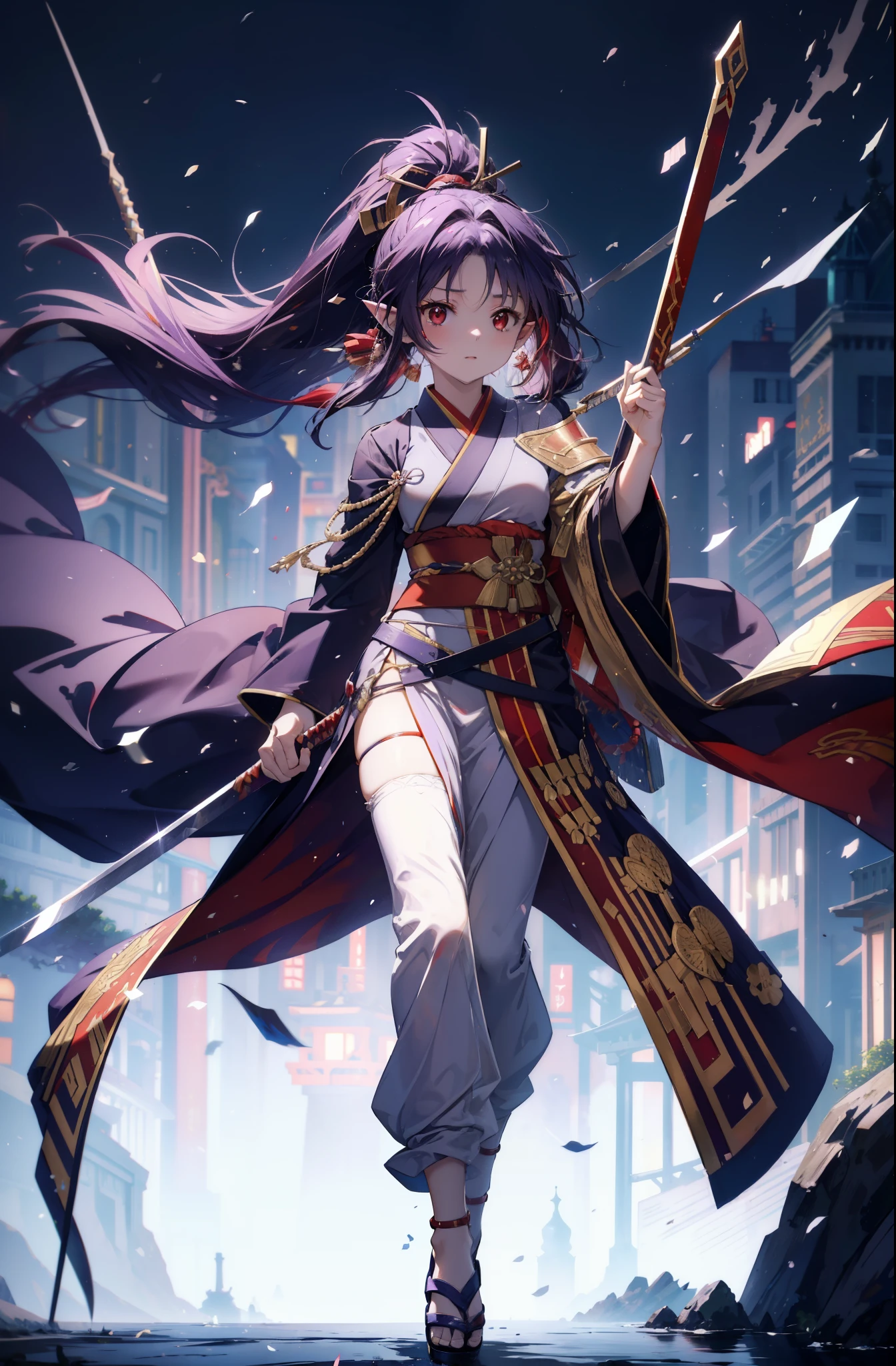 yuukikonno, Yuki Konno, hair band, long hair, pointy ears,ponytail, purple hair, (red eyes:1.5), (small breasts:1.2), open your mouth,red kimono,Purple too,white foot bag,grass sandals,Japan sword 1:1 Hold the grip in your hand,
break looking at viewer, Upper body, whole body,
break outdoors, medieval europe cityscape,
break (masterpiece:1.2), highest quality, High resolution, unity 8k wallpaper, (shape:0.8), (thin and beautiful eyes:1.6), highly detailed face, perfect lighting, Very detailed CG, (perfect hands, perfect anatomy),