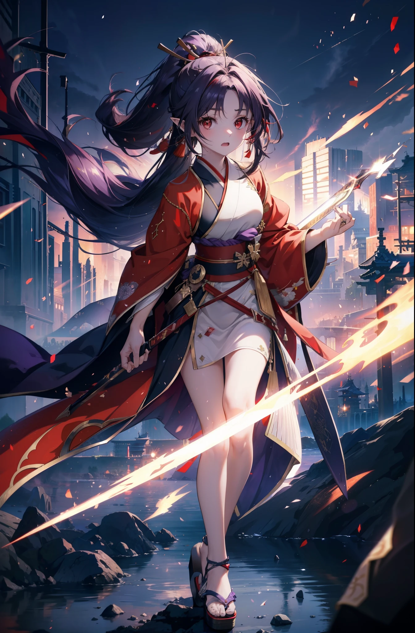 yuukikonno, Yuki Konno, hair band, long hair, pointy ears,ponytail, purple hair, (red eyes:1.5), (small breasts:1.2), open your mouth,red kimono,Purple too,white foot bag,grass sandals,Japan sword 1:1 Hold the grip in your hand,
break looking at viewer, Upper body, whole body,
break outdoors, medieval europe cityscape,
break (masterpiece:1.2), highest quality, High resolution, unity 8k wallpaper, (shape:0.8), (thin and beautiful eyes:1.6), highly detailed face, perfect lighting, Very detailed CG, (perfect hands, perfect anatomy),