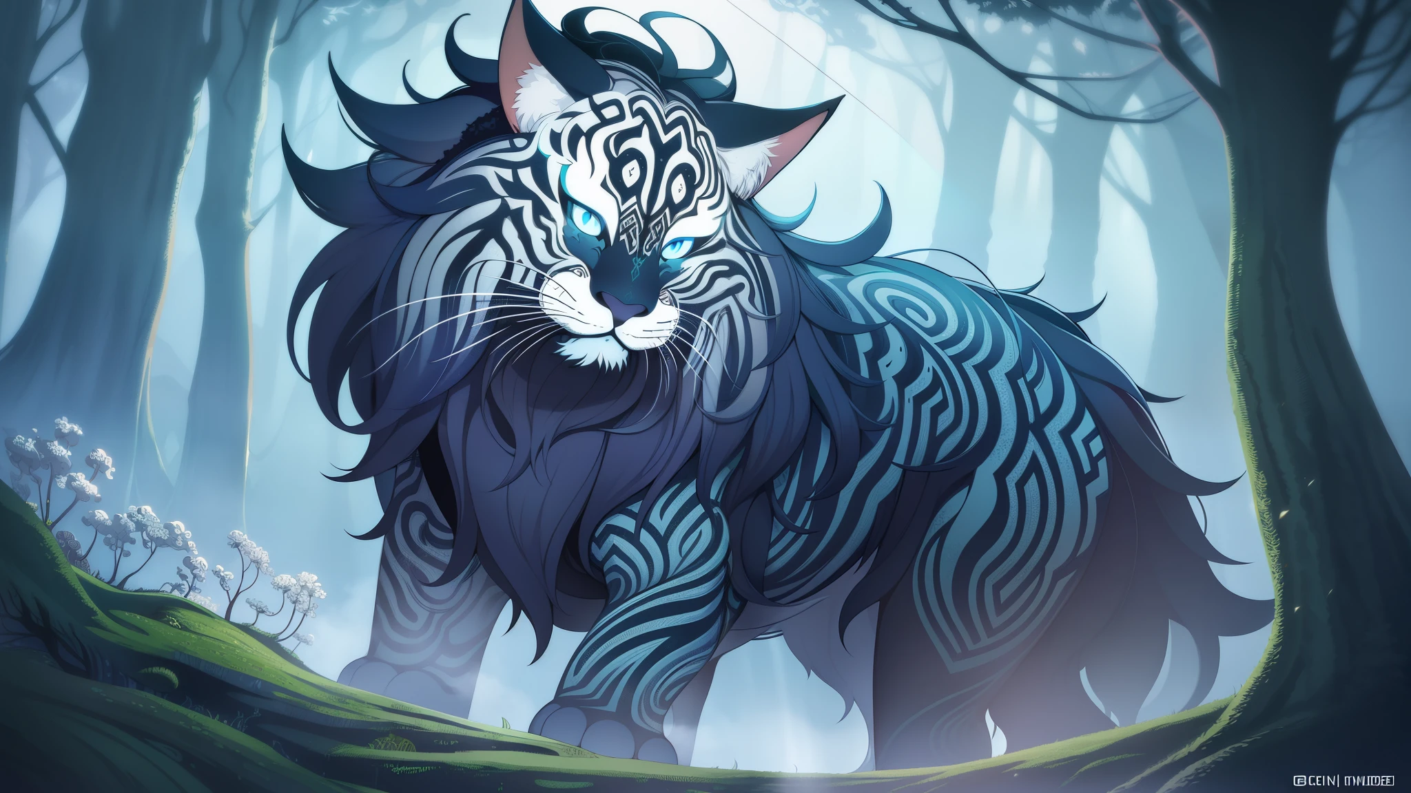 Movie Poster Style、complex pattern、fractal fur pattern、(eyvind Earle:1.4) and (alan moore:1.4) famous artwork by、A majestic spooky monster lying on a mossy outlier in a lush forest at night (beast:1.5)、shining eyes、big nails、leafy skin、bent corner、dappled light、dramatic sky、rays of moonlight、high contrast、It's hazy、(colorful:1.2)、Dark corners、Super detailed、8k、UHD